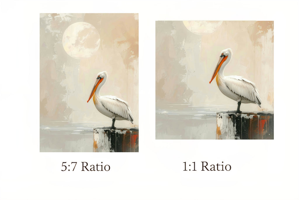 Two paintings of a pelican with different aspect ratios on a white background.