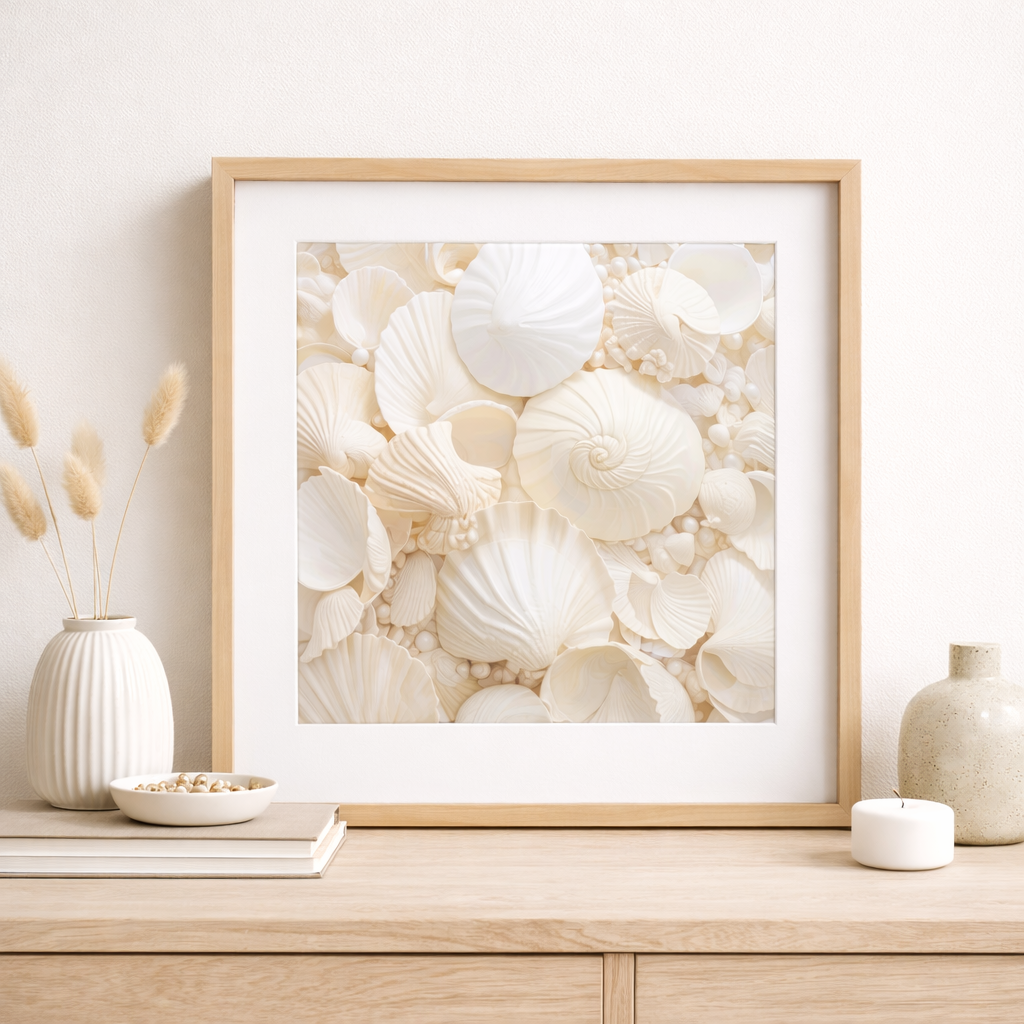 Framed artwork of white seahells  on a wooden surface with decorative items.
