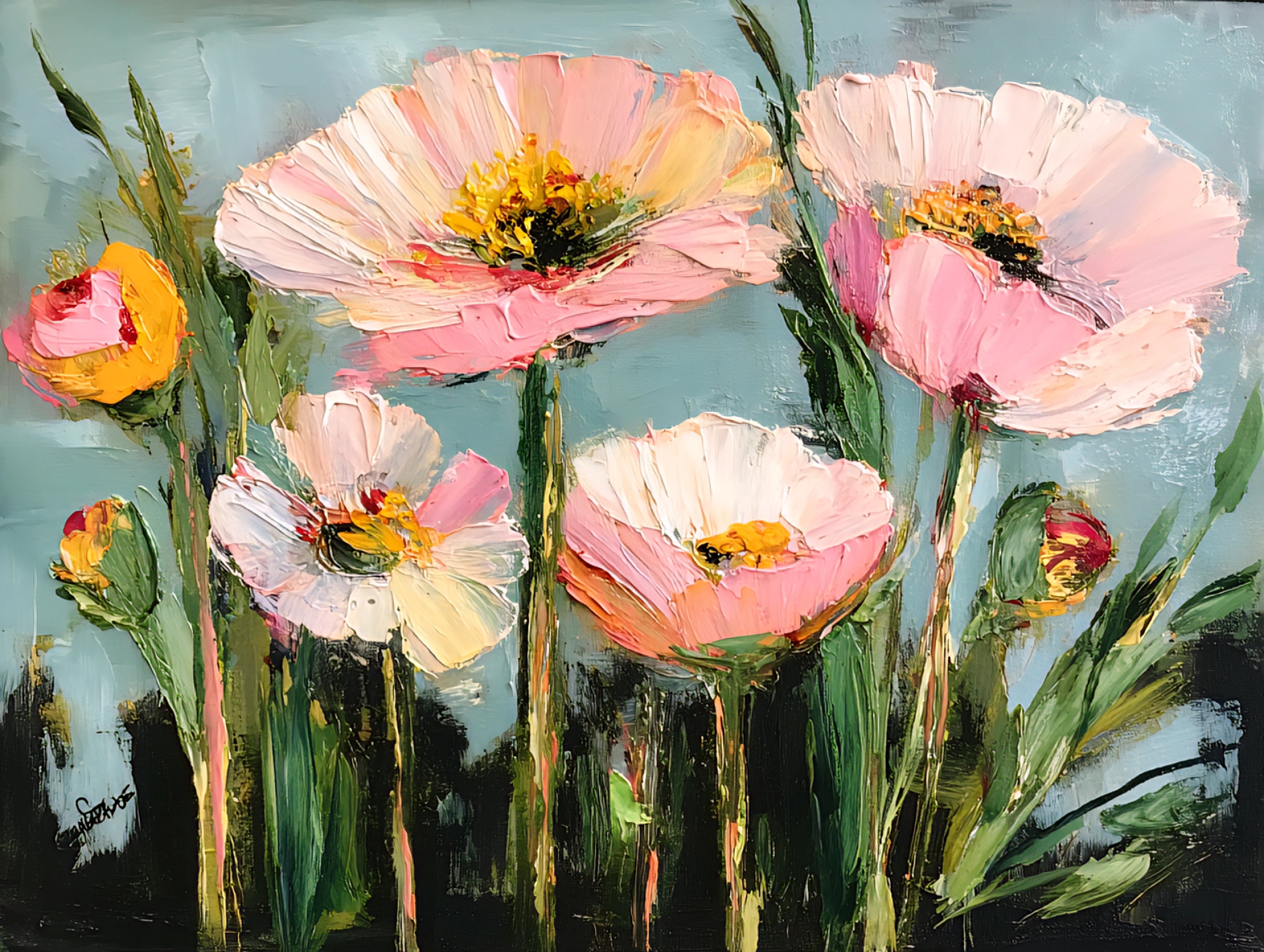 Printable Painting of pink and yellow flowers with green stems on a blue background  
