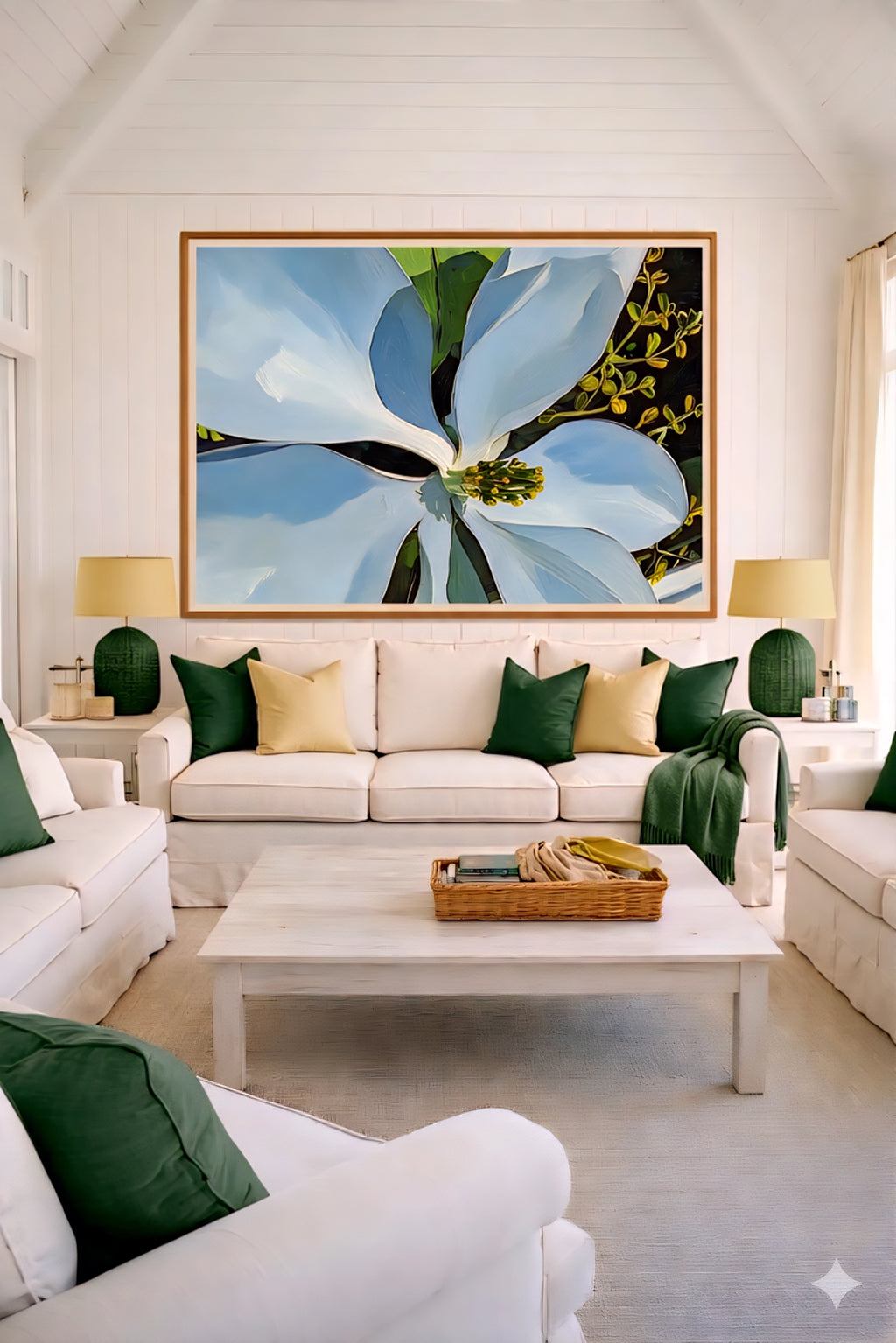 Magnolia wall art printable in bright living room, large white floral artwork above sofa, botanical digital download, modern farmhouse decor with green accents, neutral tones and cozy seating arrangement