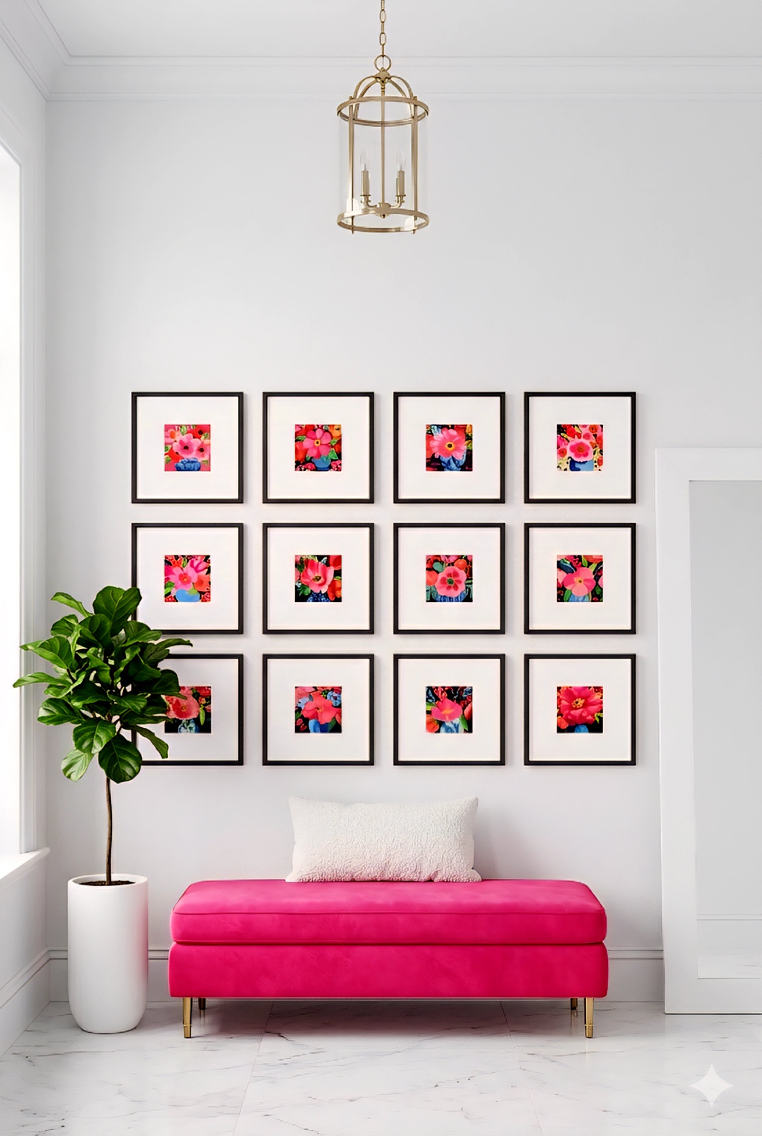 Bright entryway savvy places gallery wall featuring twelve pink pop art flower prints in black frames arranged in a grid above a pink bench, styled with a potted plant and modern lighting