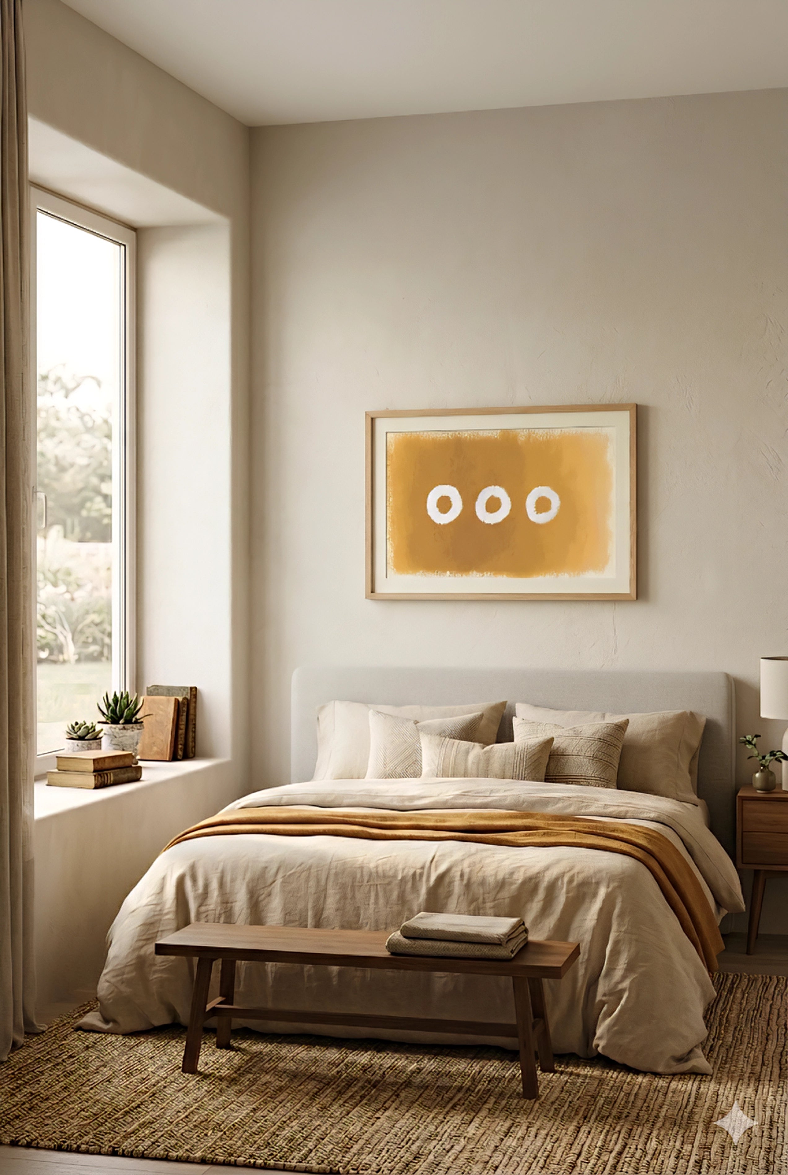 Large abstract wall art printable in warm golden earth tones with three circular shapes, displayed horizontally above a neutral bed in a modern minimalist bedroom, oversized wall decor printable