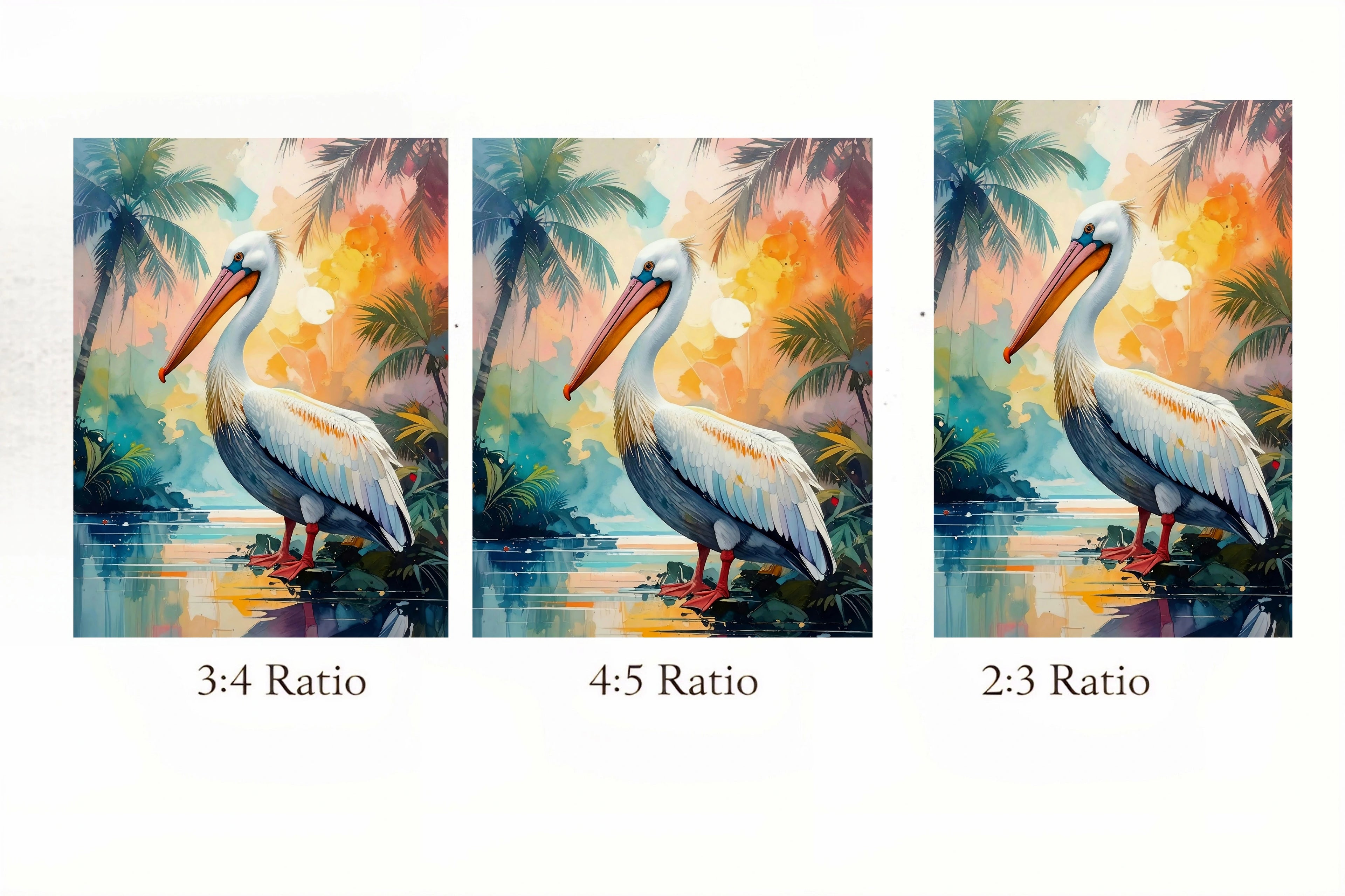 Three different aspect ratio designs of a pelican painting with palm trees and water.