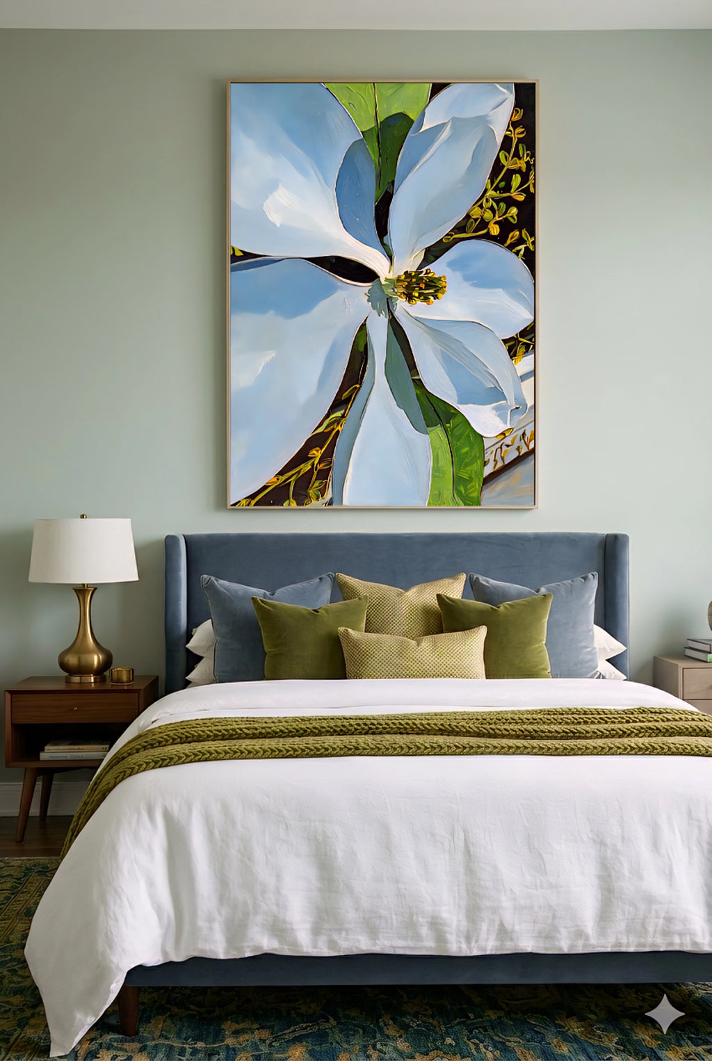 Magnolia wall art printable above bed in modern bedroom, large white floral artwork with green accents, botanical digital download, elegant bedroom decor with soft neutral tones and layered textiles