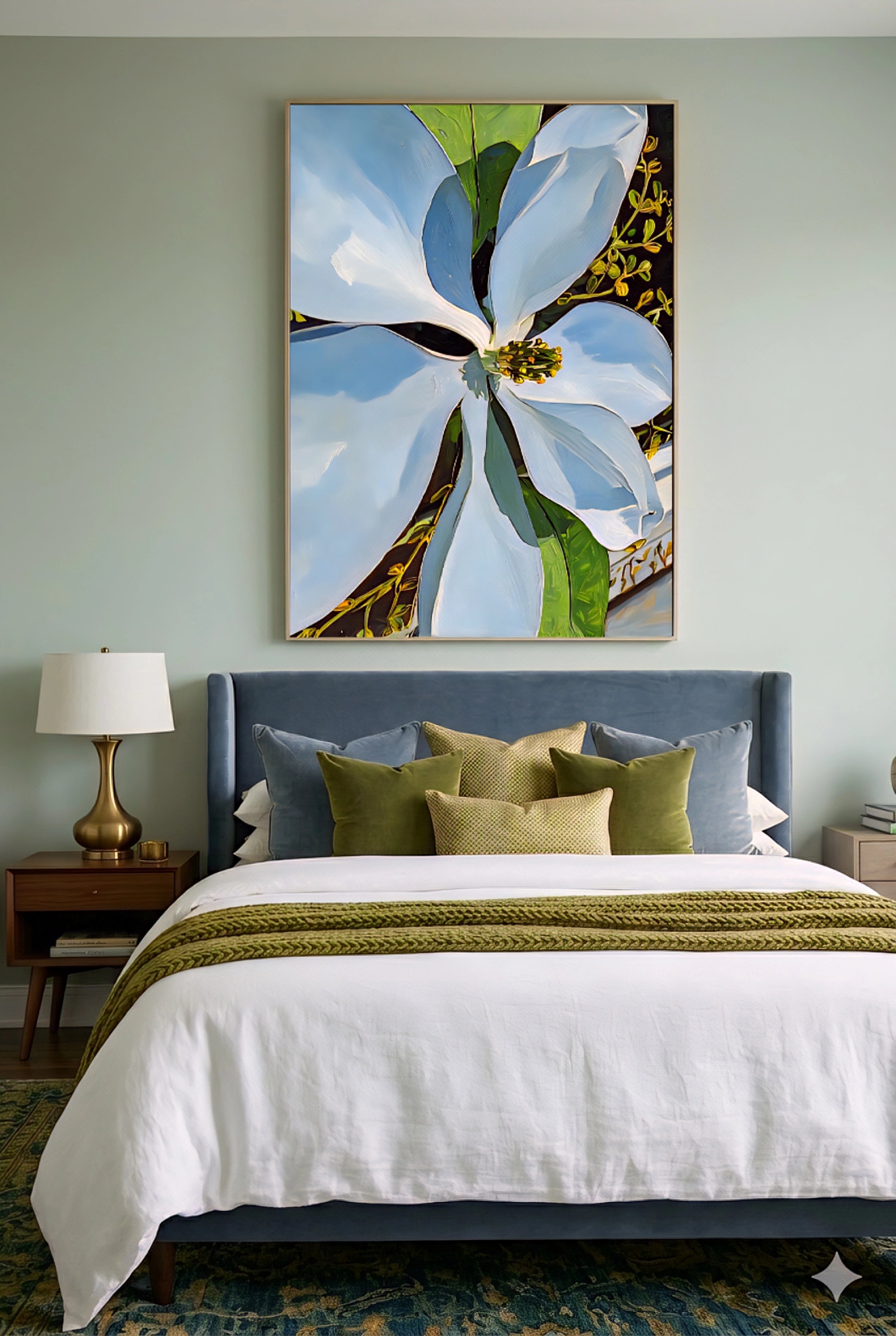 Magnolia wall art printable above bed in modern bedroom, large white floral artwork with green accents, botanical digital download, elegant bedroom decor with soft neutral tones and layered textiles
