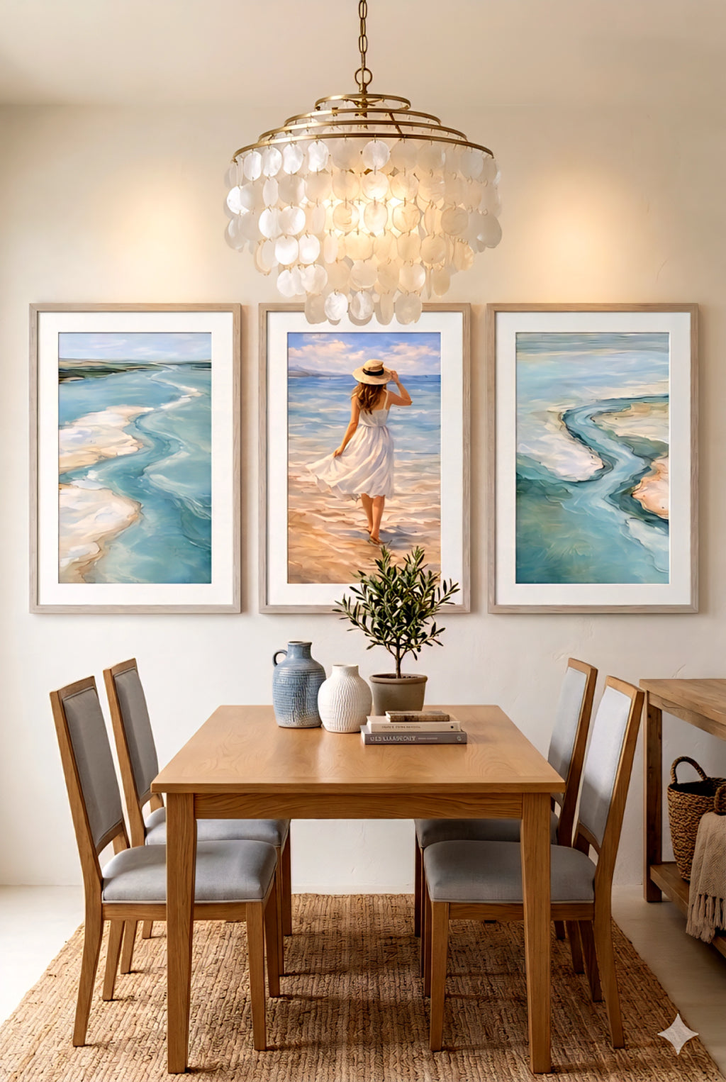 Coastal wall art set of 3 prints styled above dining table, elegant beach house decorinspo with ocean abstract artwork and beach scene for modern coastal interiors