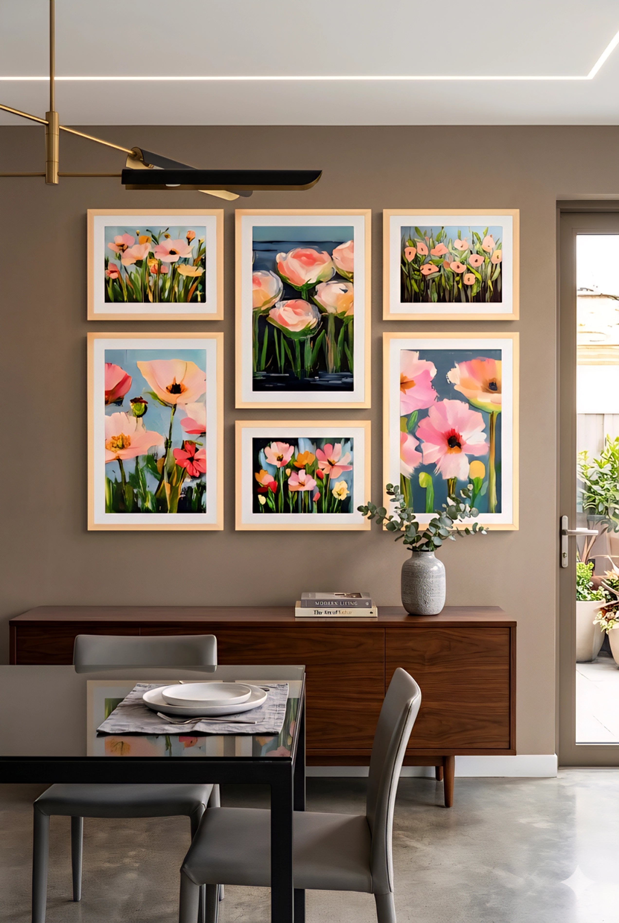 floral gallery wall art set of 6 printable flower prints in light wood frames styled above modern sideboard in contemporary dining space with neutral tones and clean design