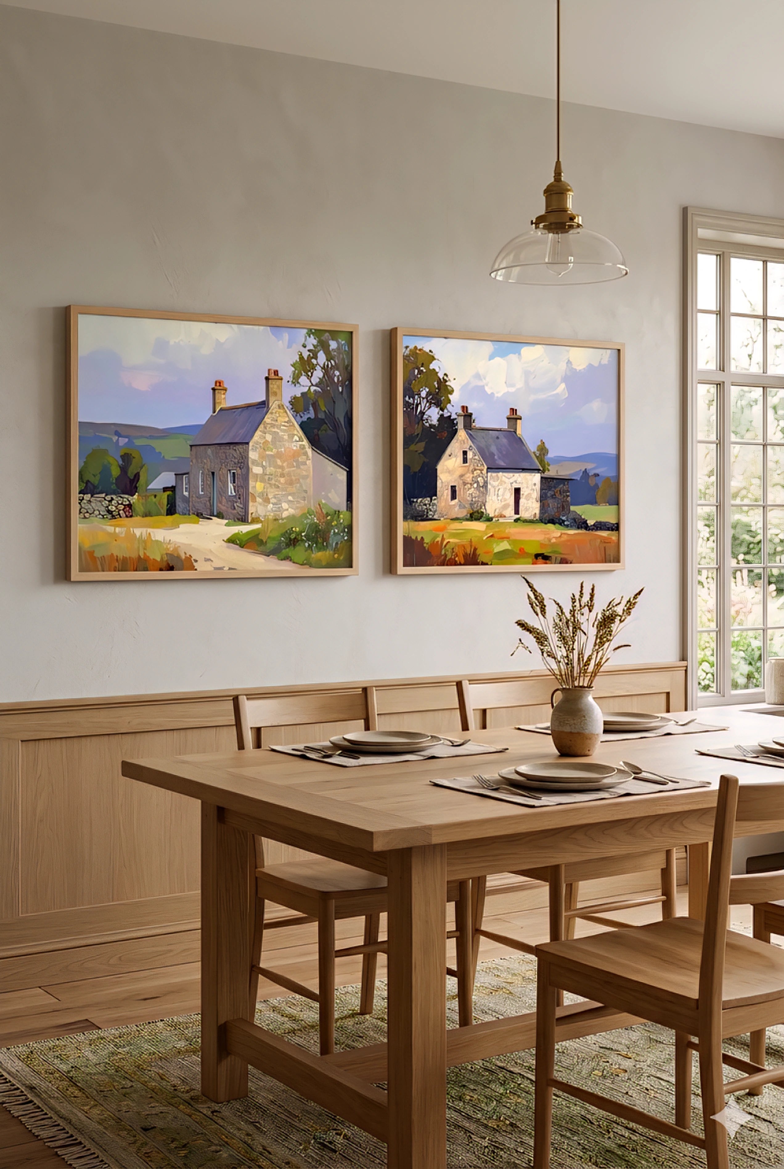 Set of 2 cottagecore landscape wall art prints featuring stone cottages in a peaceful countryside, horizontal rustic artwork styled in a warm neutral dining room