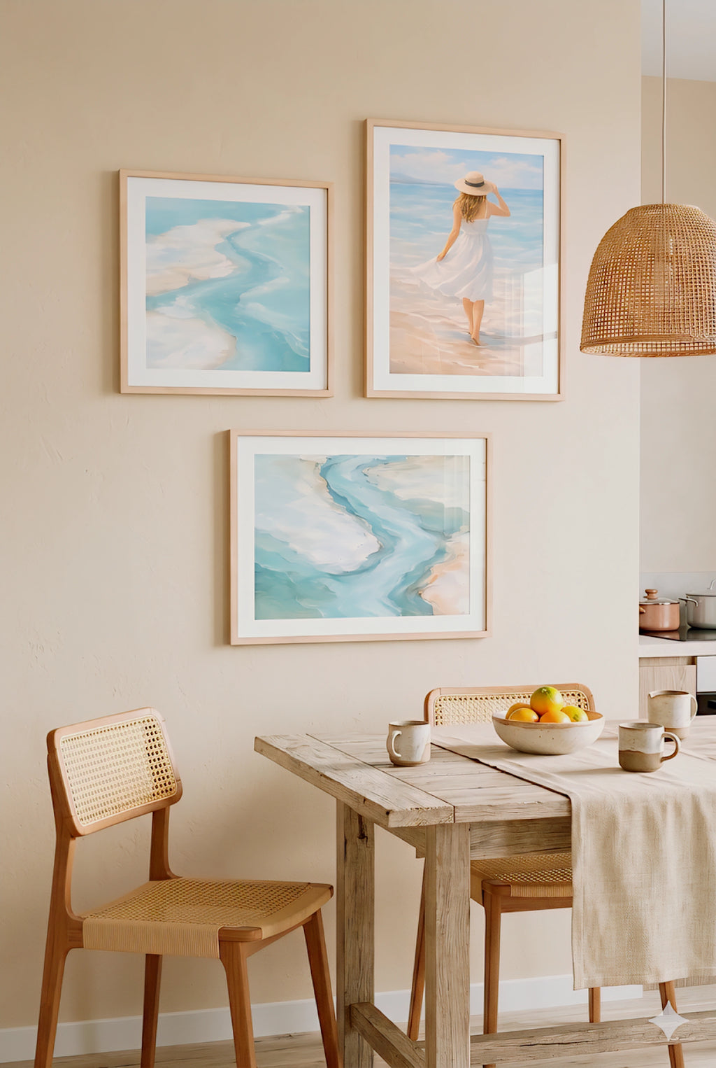 Set of 3 coastal wall art prints featuring soft ocean waves and beach scene, neutral organic modern beach house decorinspo for airy living room, dining room or bedroom printable artwork