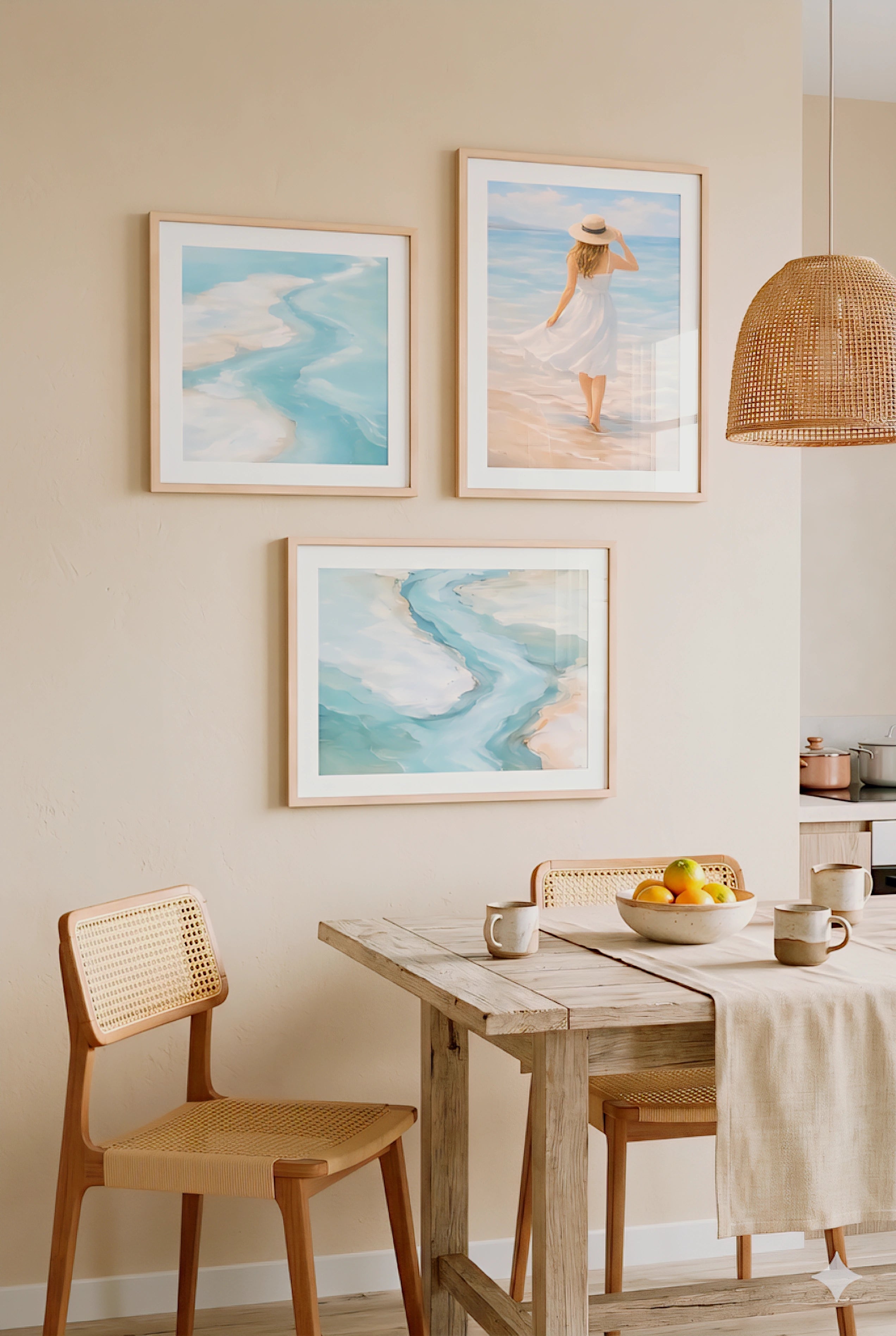 Set of 3 coastal wall art prints featuring soft ocean waves and beach scene, neutral organic modern beach house decorinspo for airy living room, dining room or bedroom printable artwork