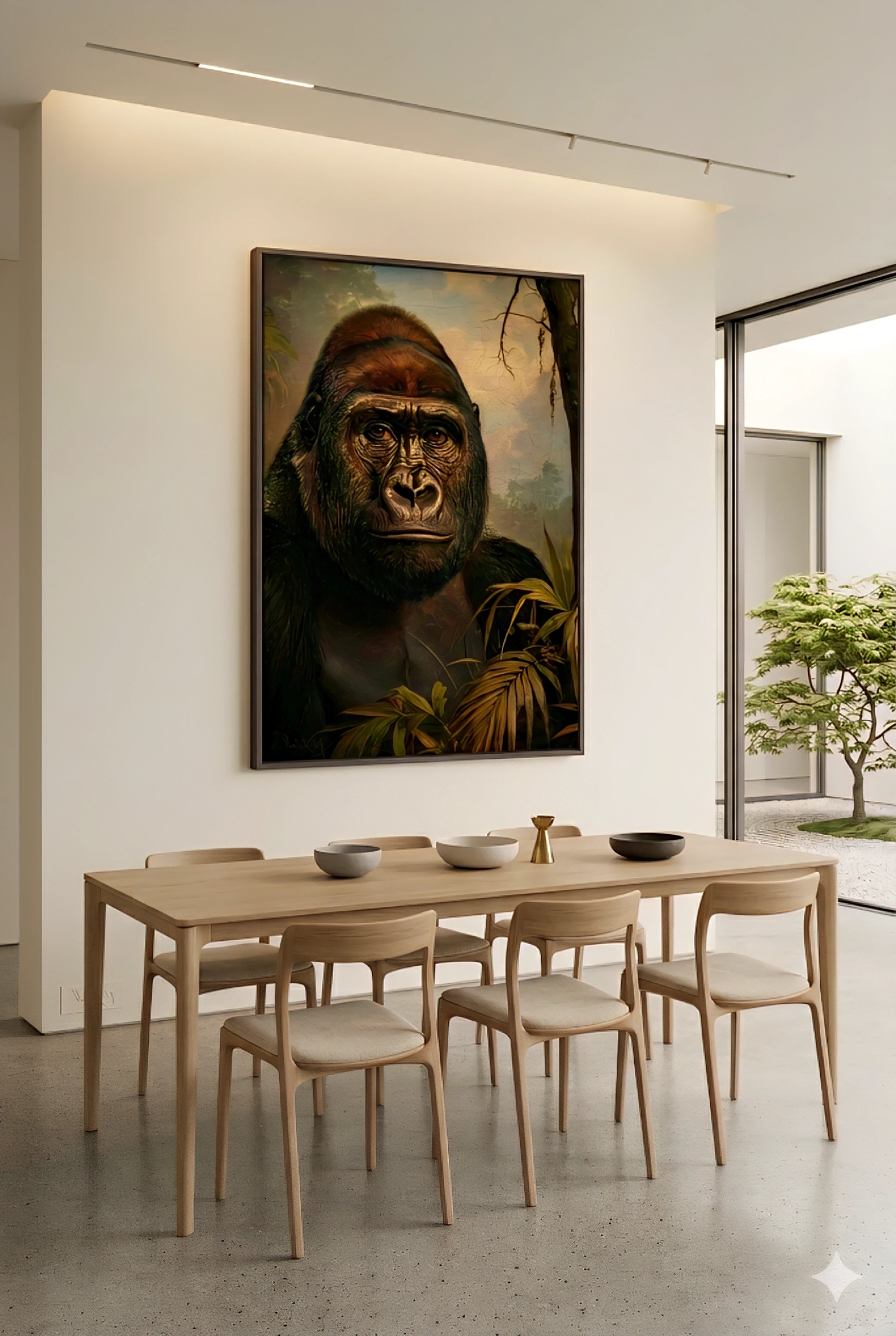 Large gorilla portrait digital wall art styled above minimalist wood dining table in modern neutral dining room with clean lines and natural light