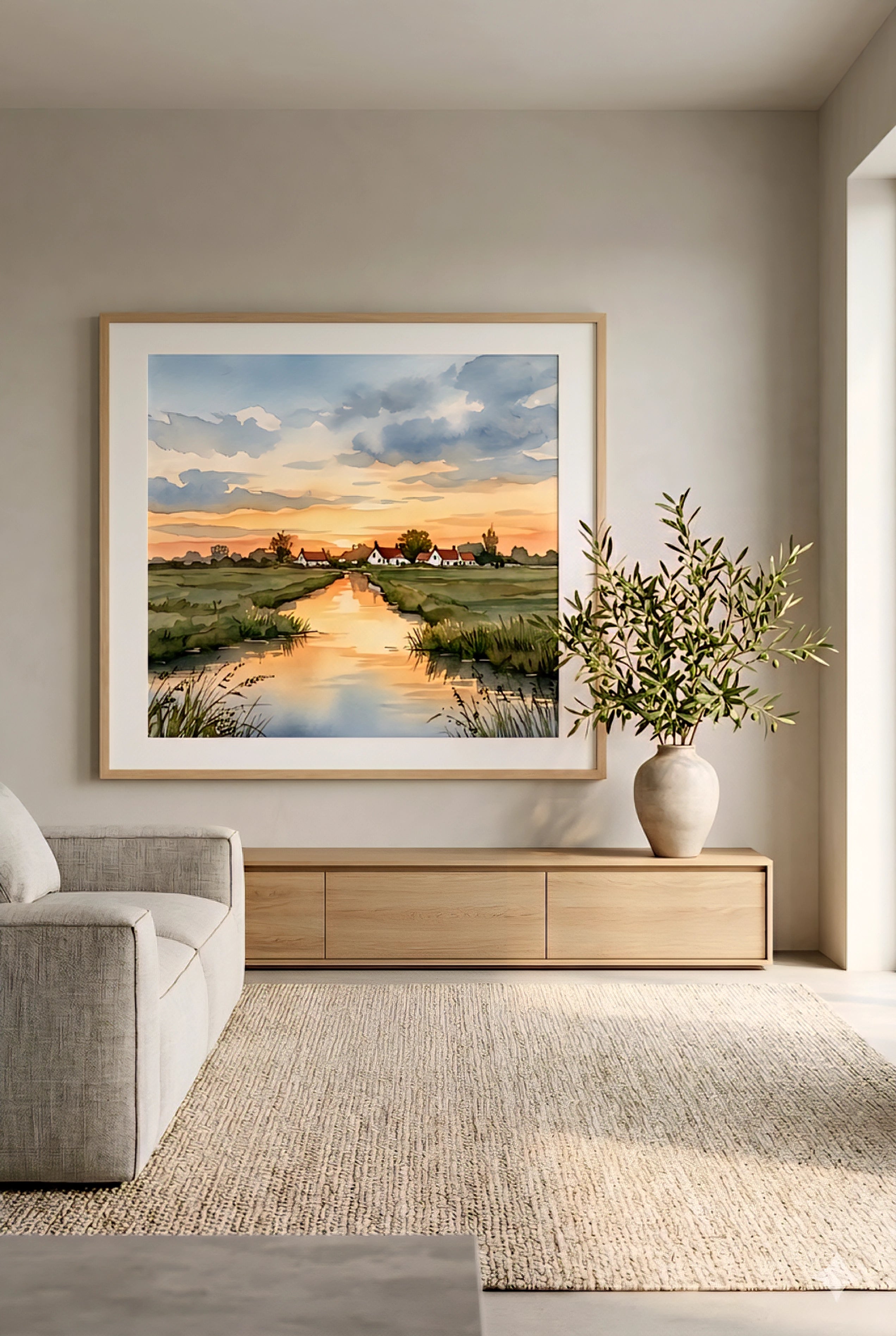 Modern neutral living room with framed coastal sunset village printable wall art above wood console and olive branches decor