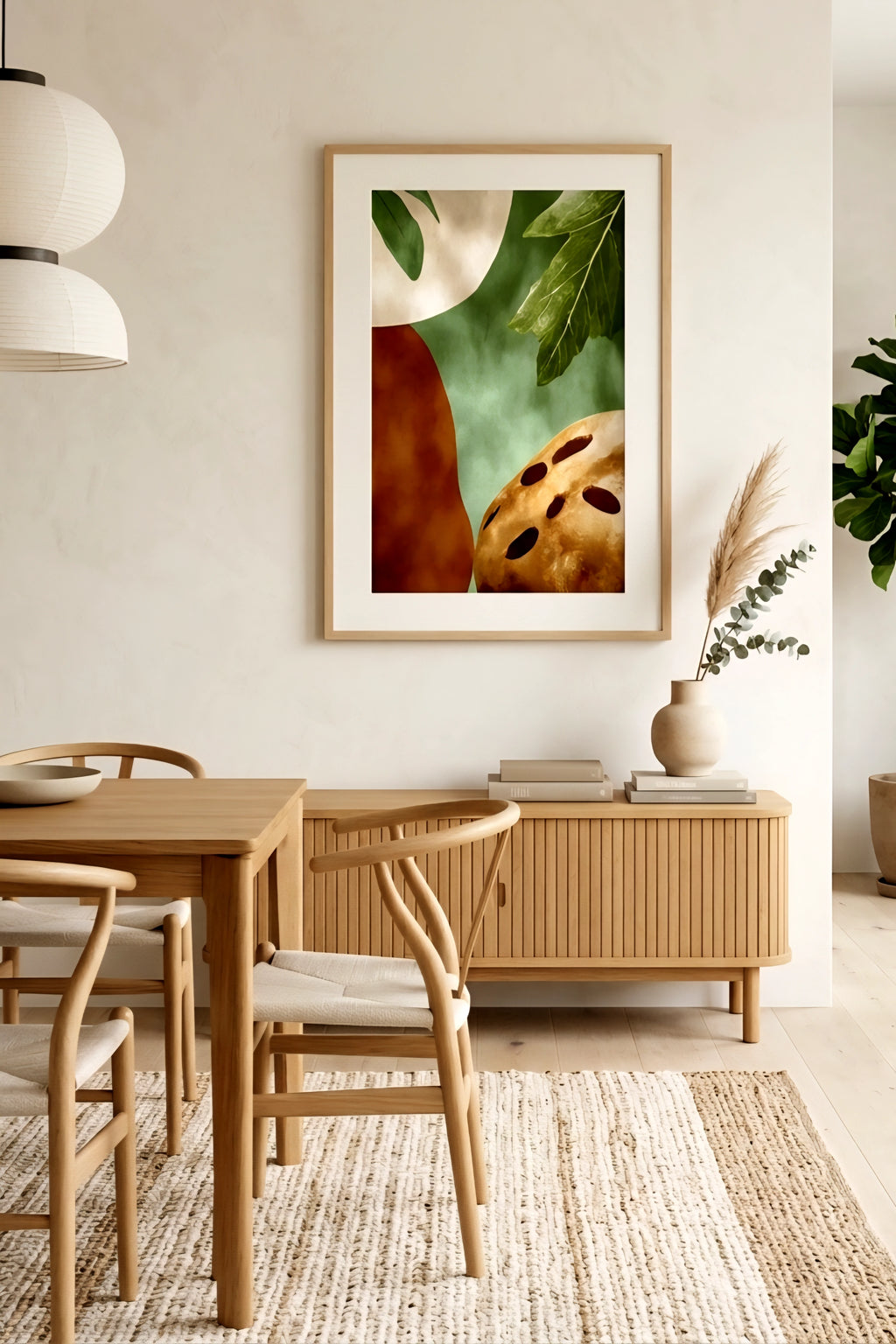 Earth tone botanical abstract wall art with green leaves and terracotta shapes displayed in a modern neutral dining room, framed vertical print above wood sideboard with Scandinavian furniture, natural textures and minimalist decor for warm contemporary home styling