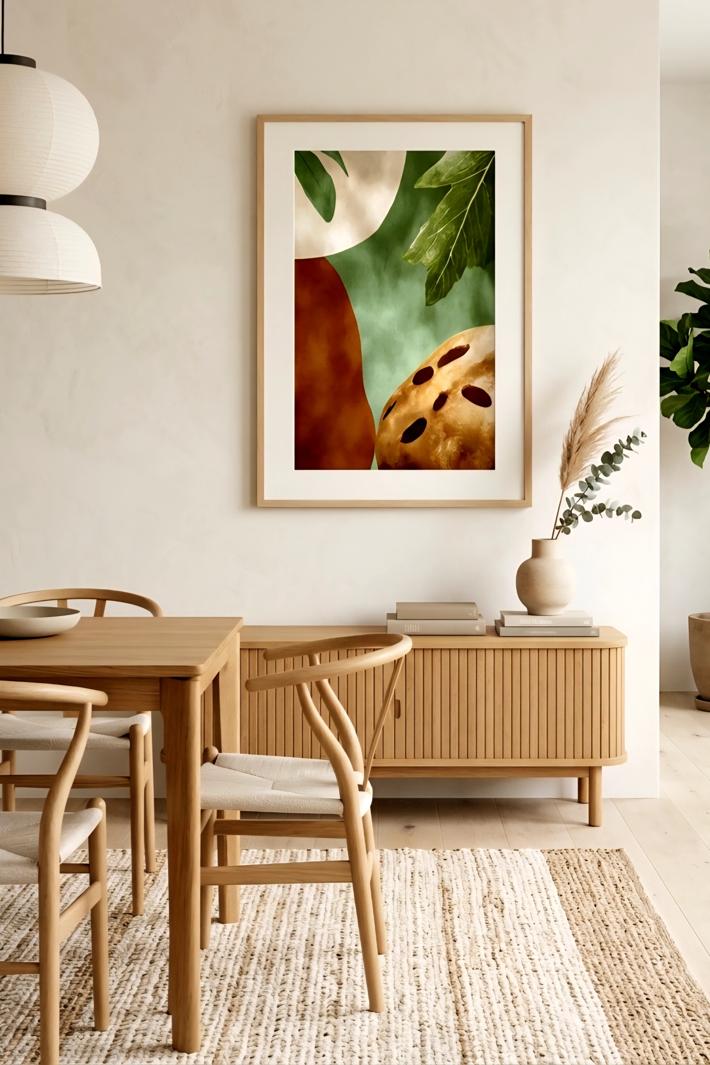 Earth tone botanical abstract wall art with green leaves and terracotta shapes displayed in a modern neutral dining room, framed vertical print above wood sideboard with Scandinavian furniture, natural textures and minimalist decor for warm contemporary home styling