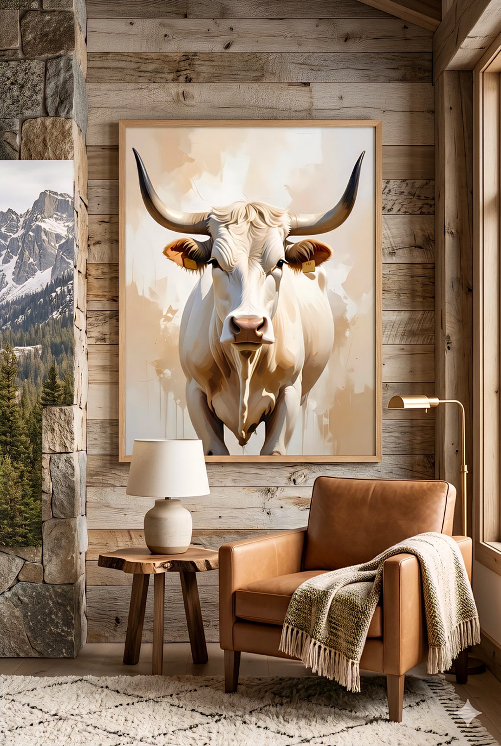 Longhorn bull digital wall art in rustic cabin living room with wood plank walls, leather chair, and modern farmhouse western decor styling