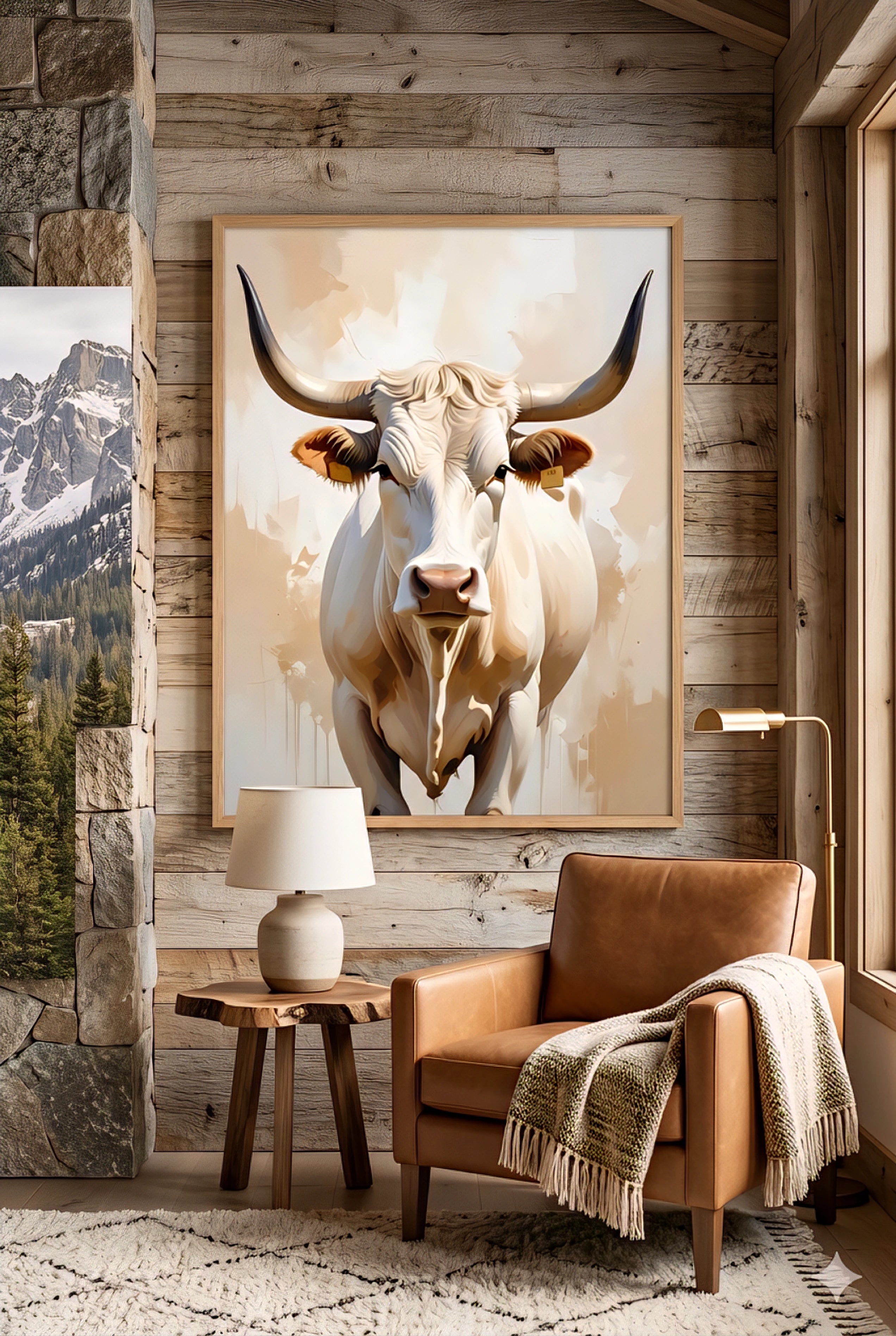 Longhorn bull digital wall art in rustic cabin living room with wood plank walls, leather chair, and modern farmhouse western decor styling