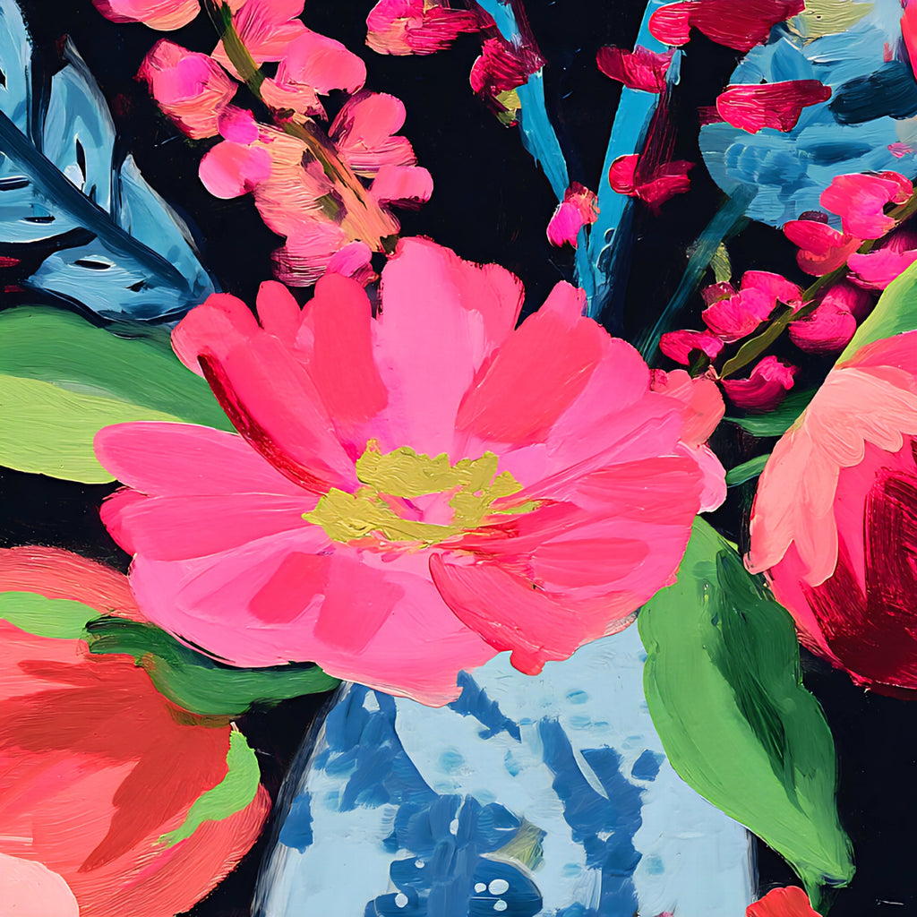 Colorful floral painting with pink flowers and green leaves on a black background