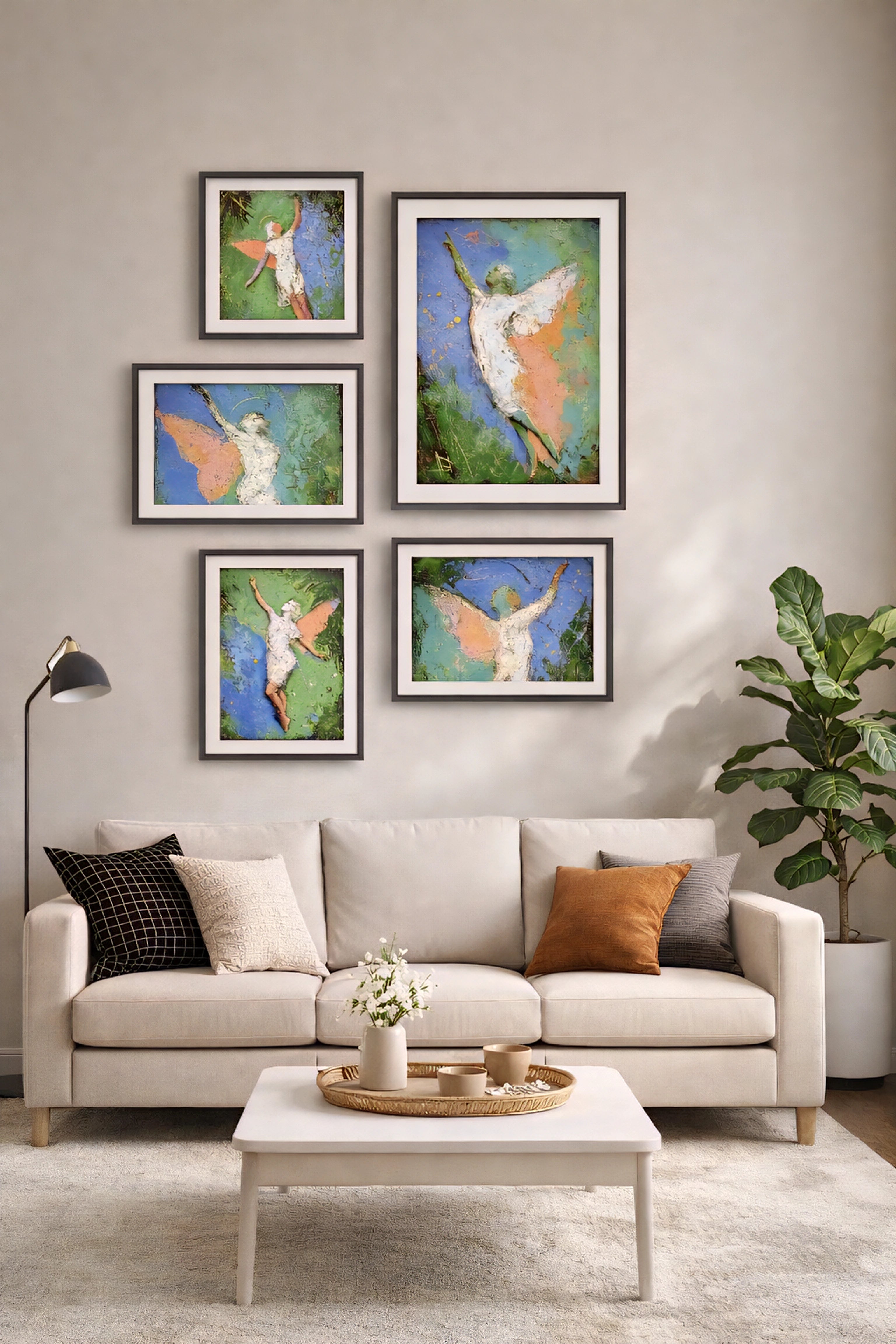 Gallery wall printable art set, abstract angel artwork in black frames, colorful spiritual wall decor digital download arranged above sofa in modern neutral living room