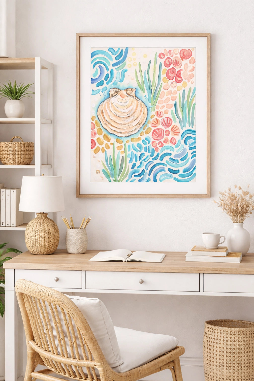 Home office with a desk, chair, and colorful abstract art on the wall.