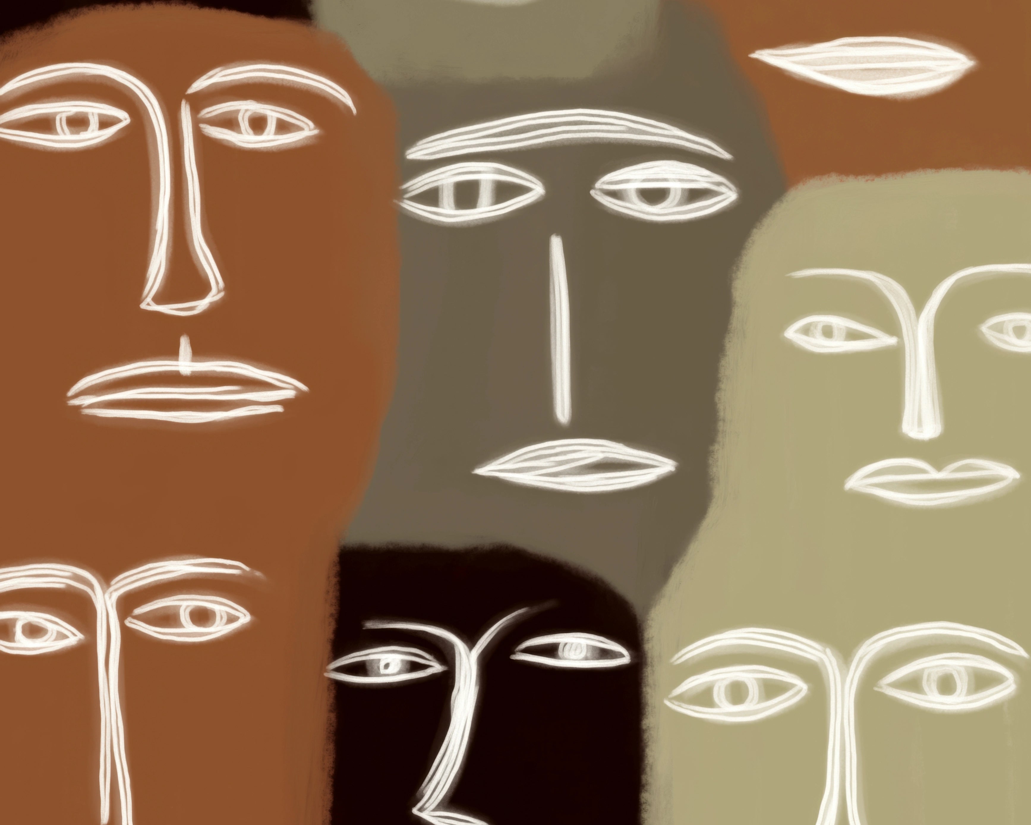Abstract faces wall art digital download in earth tones with minimalist line drawings on warm neutral background