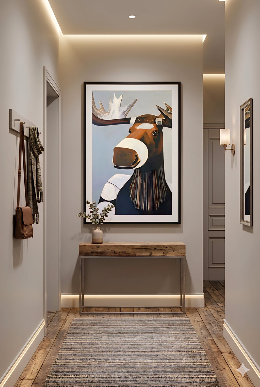 Modern entryway with large moose wall art above wood console table, warm neutral hallway decor with rustic and contemporary styling