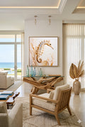 A seahorse painting made from download on the wall in neutral coastal living room.