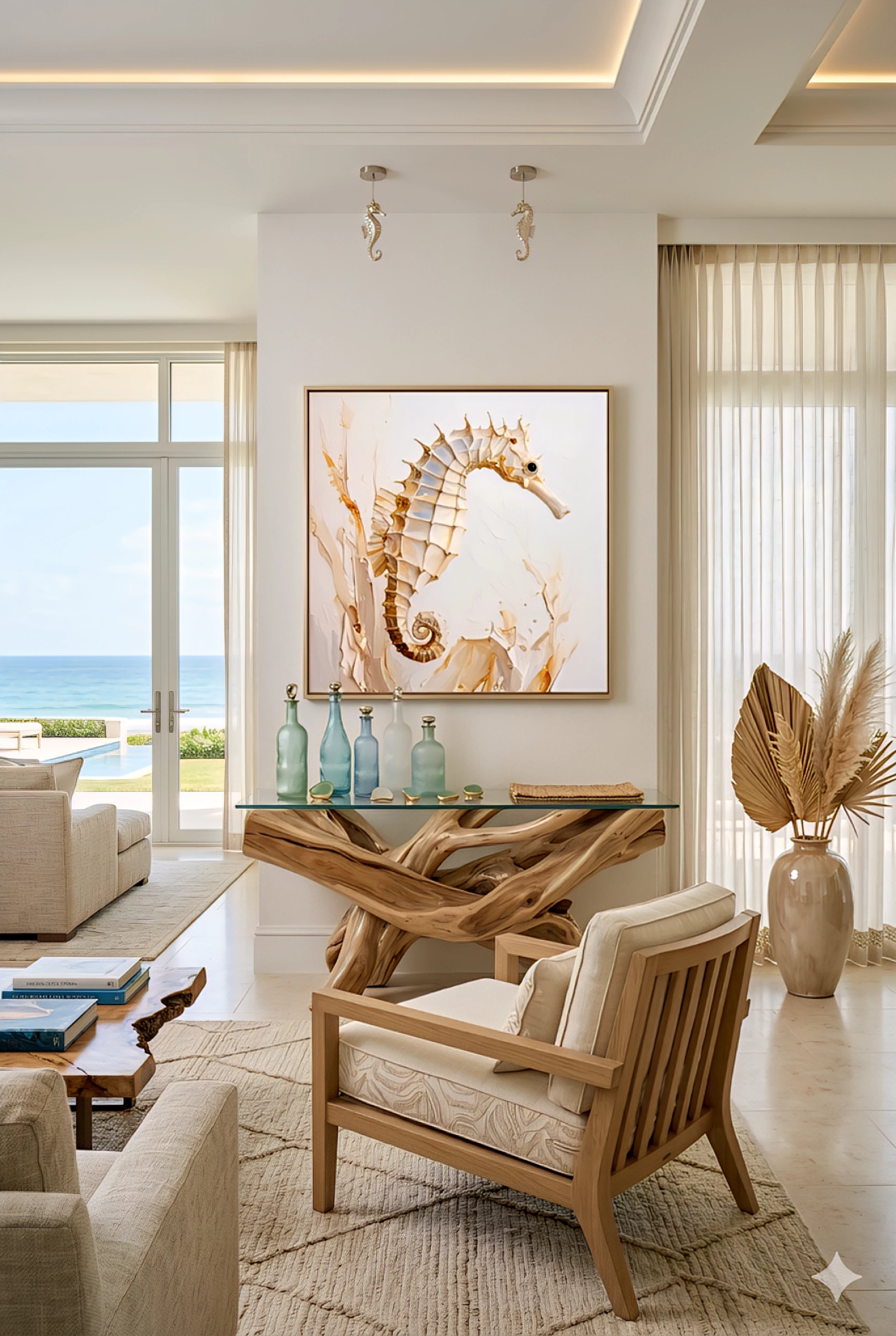 A seahorse painting made from download on the wall in neutral coastal living room.