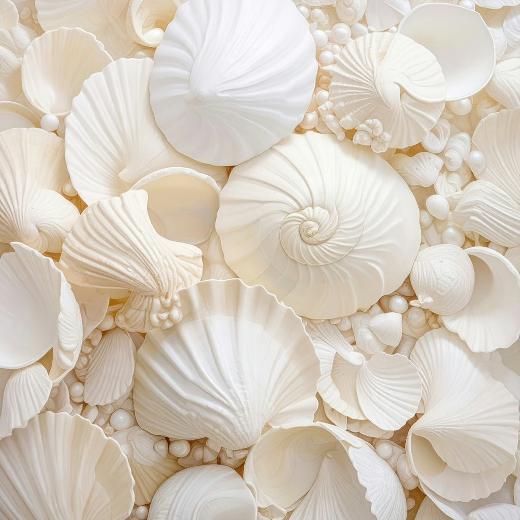 Close-up of white seashells and pearls