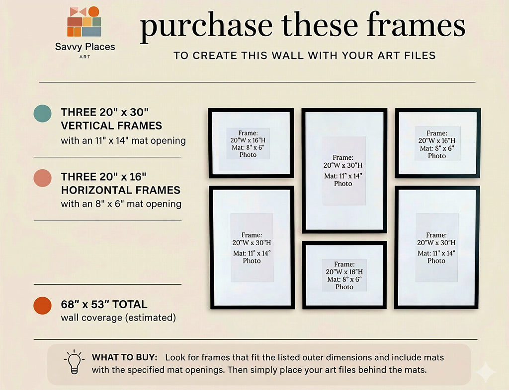 Promotional graphic for Savvy Places Art showing frame options and wall layout.