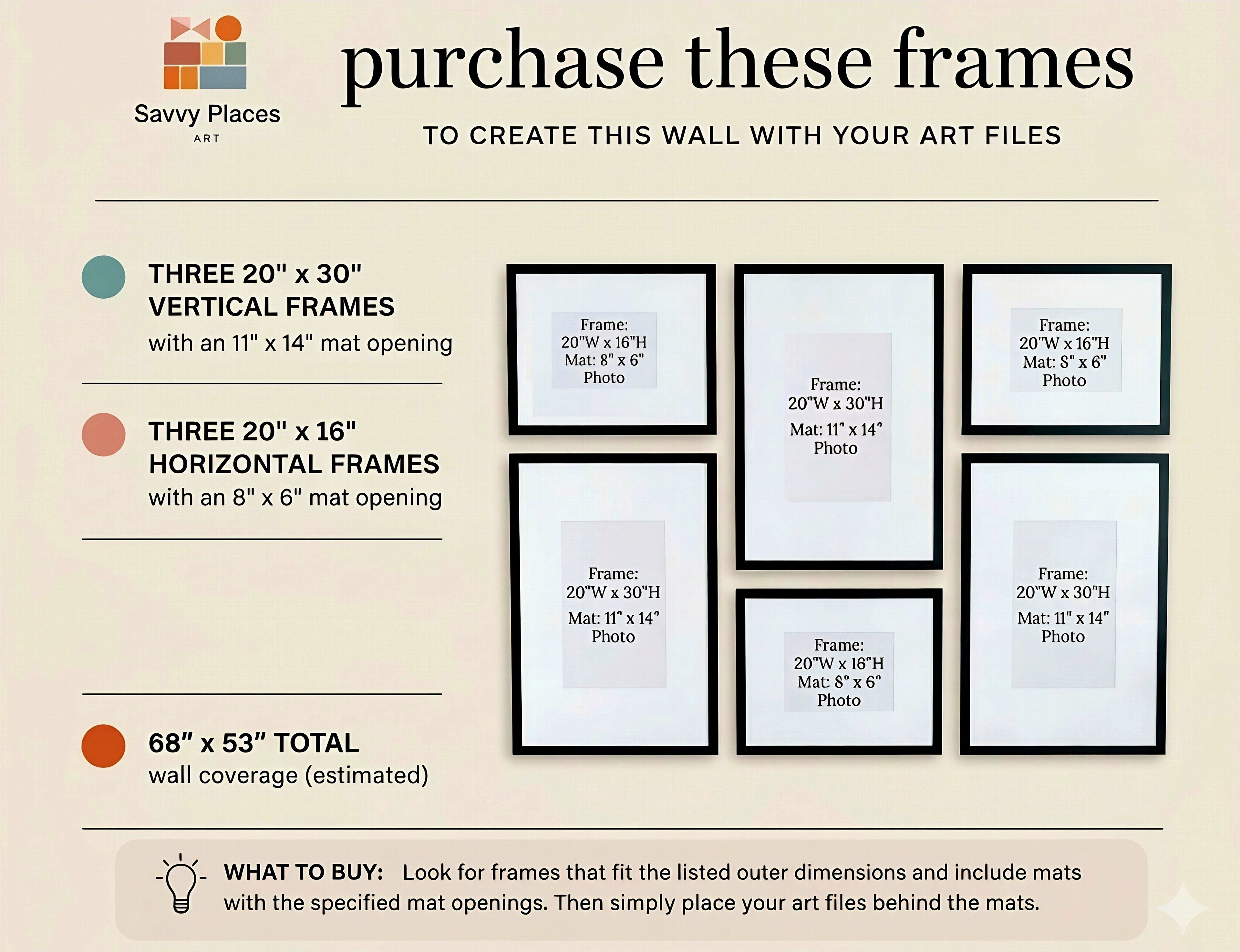 Promotional graphic for Savvy Places Art showing frame options and wall layout.