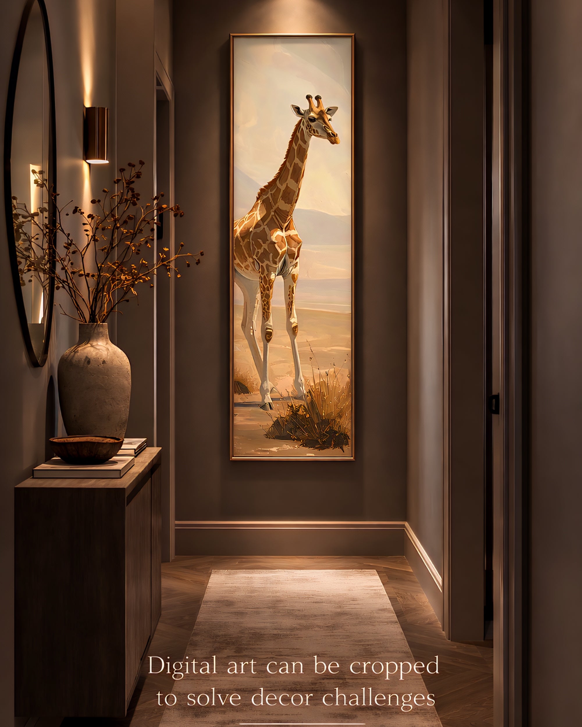 Neutral giraffe wall art printable displayed in narrow hallway, safari animal digital download wall decor.