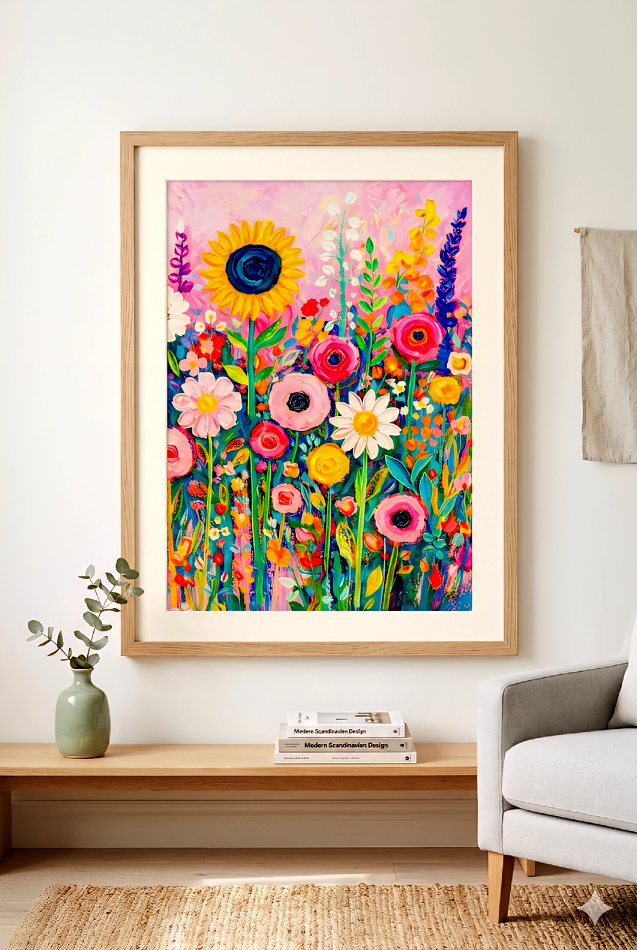 Colorful floral savvy places wall art printable in light wood frame above bench, featuring vibrant wildflowers, sunflower, and pink abstract background in modern neutral living room