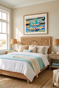 Coastal harbor savvy places .printable wall art digital download in beach bedroom with woven headboard and soft blue neutral decor
