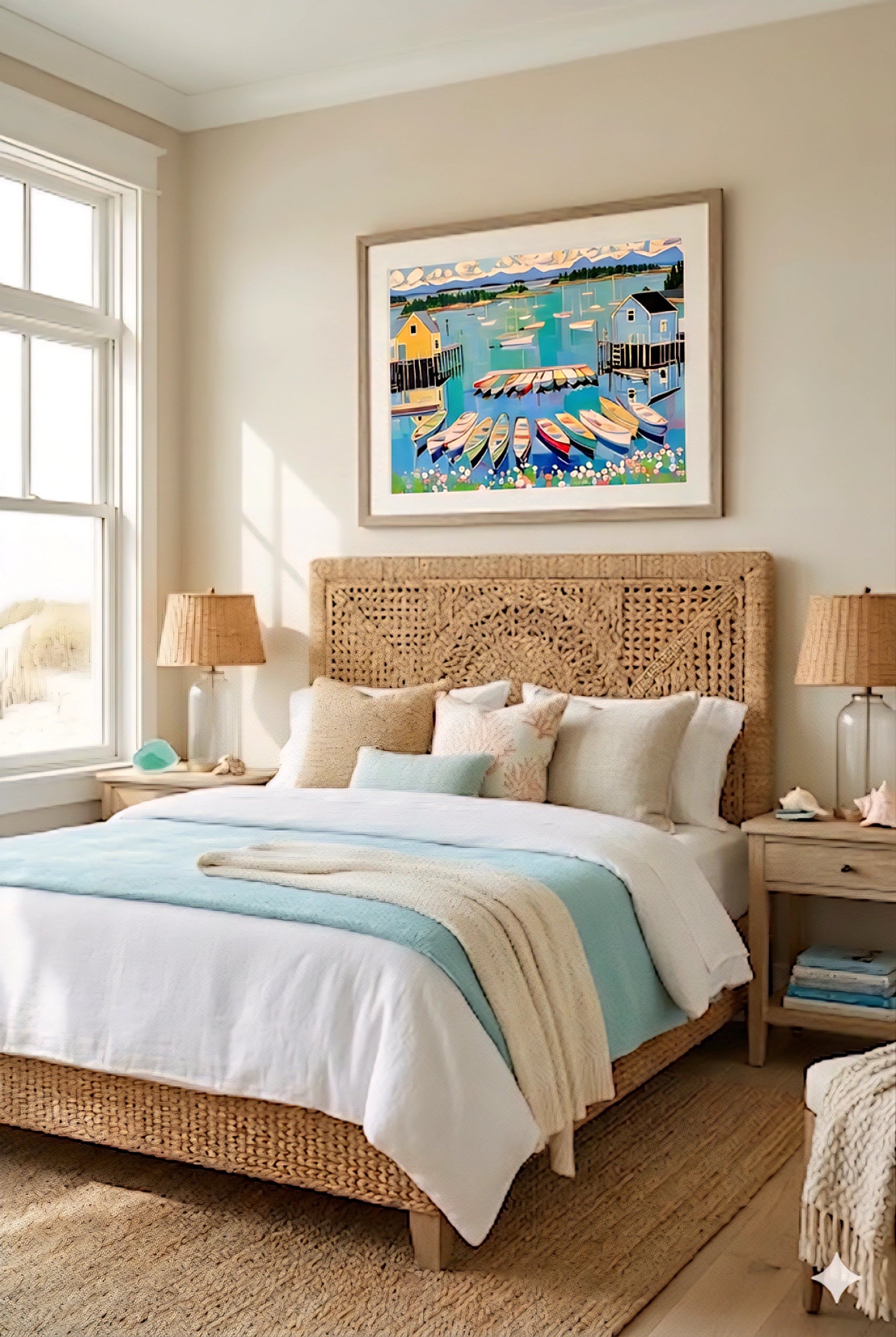Coastal harbor savvy places .printable wall art digital download in beach bedroom with woven headboard and soft blue neutral decor