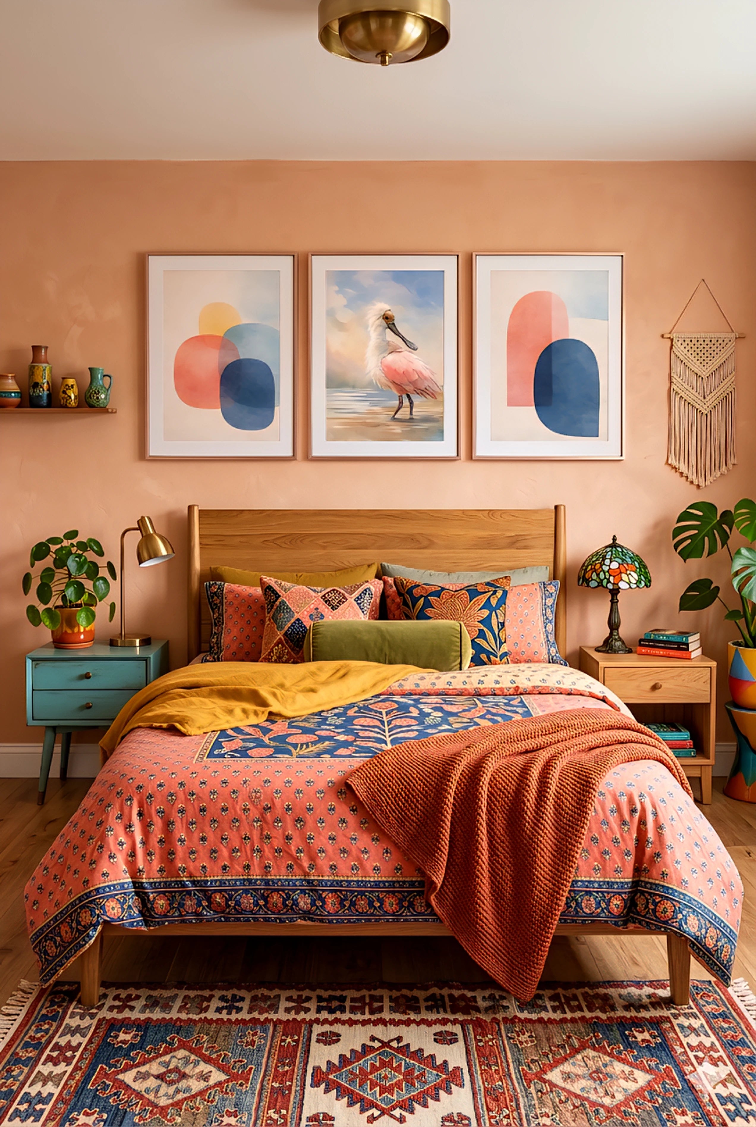 Set of 3 digital prints above bed featuring abstract shapes and pink spoonbill bird in colorful boho bedroom decor with warm earthy tones
