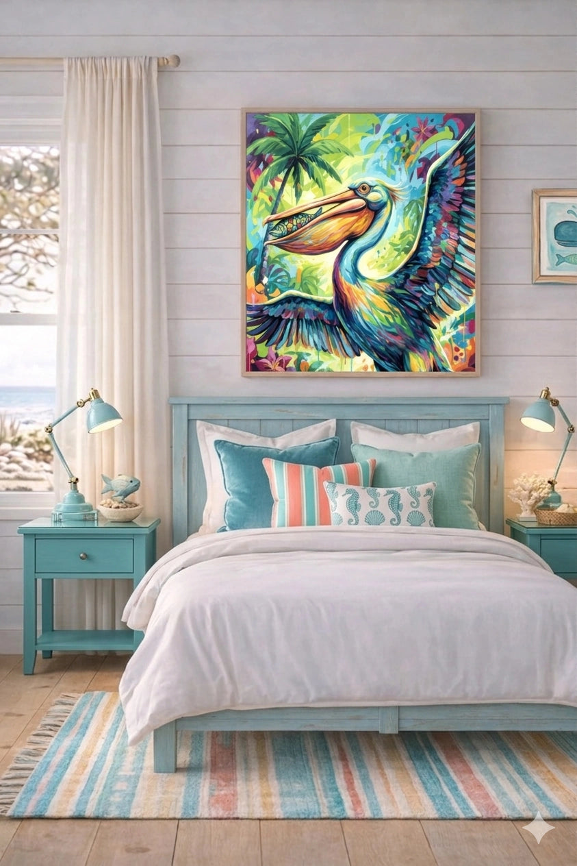 Colorful pelican wall art displayed above a coastal bedroom bed with soft blue furniture and beach-inspired decor, featuring vibrant tropical bird artwork as a bold focal point in a light airy seaside space.