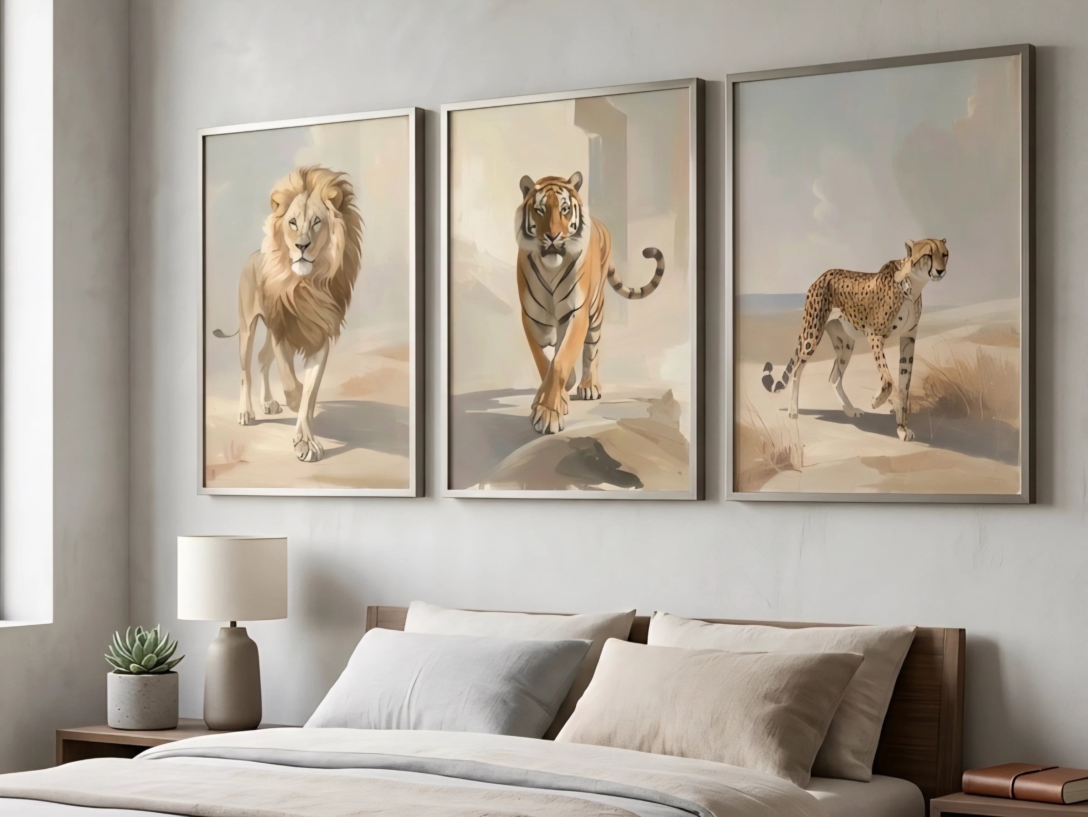 Three framed digital animal prints of a lion, tiger, and cheetah on a wall above a bed.
