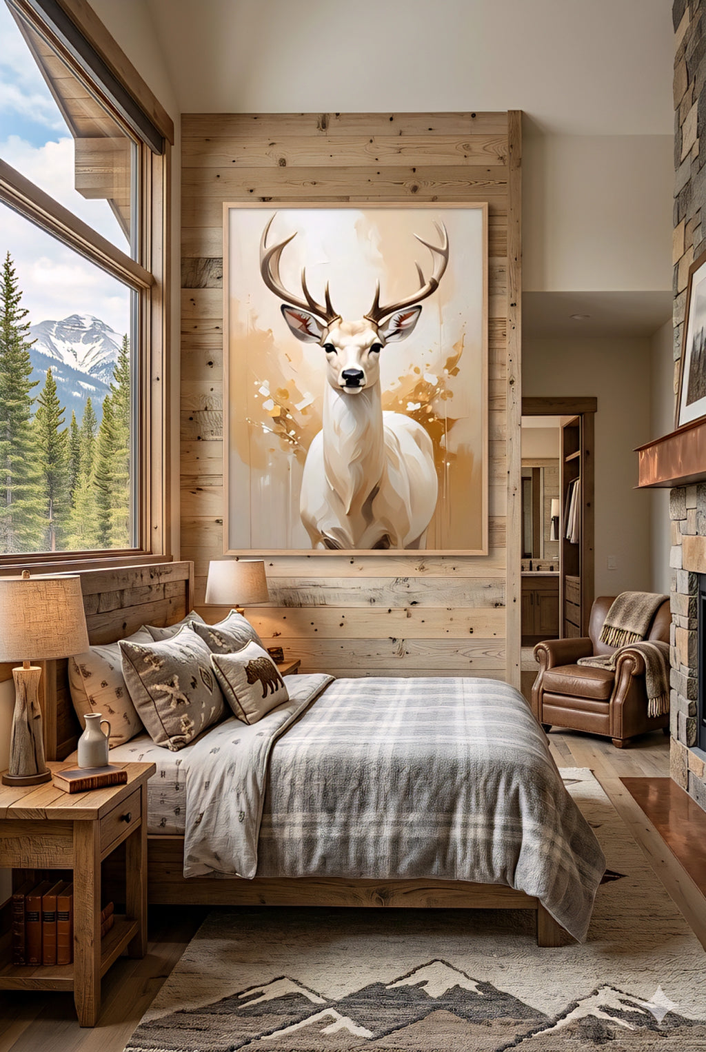 MODERN rustic deer wall art above bed in cabin bedroom, wildlife artwork, wood accent wall, mountain view, cozy lodge bedroom decor styling