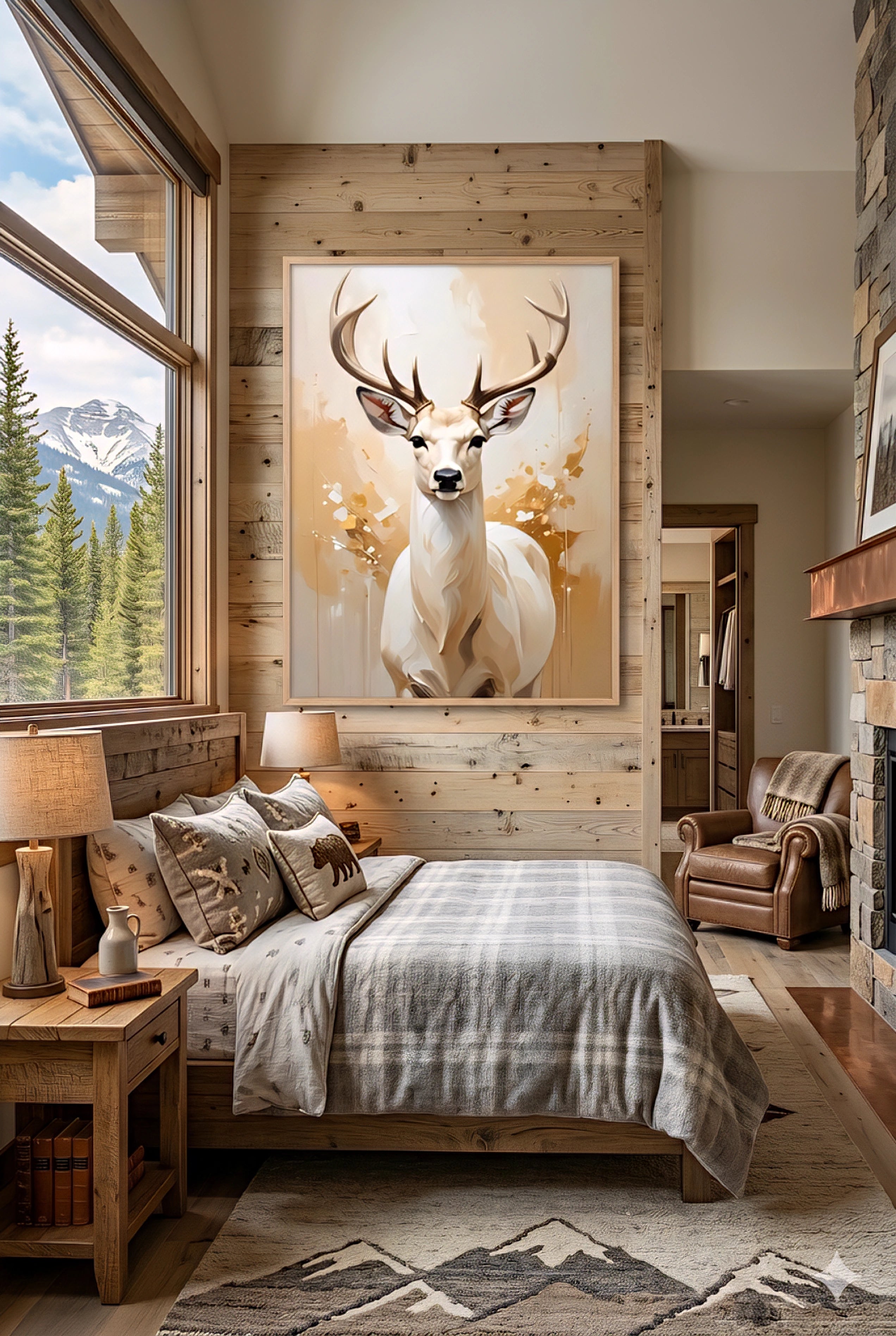 MODERN rustic deer wall art above bed in cabin bedroom, wildlife artwork, wood accent wall, mountain view, cozy lodge bedroom decor styling