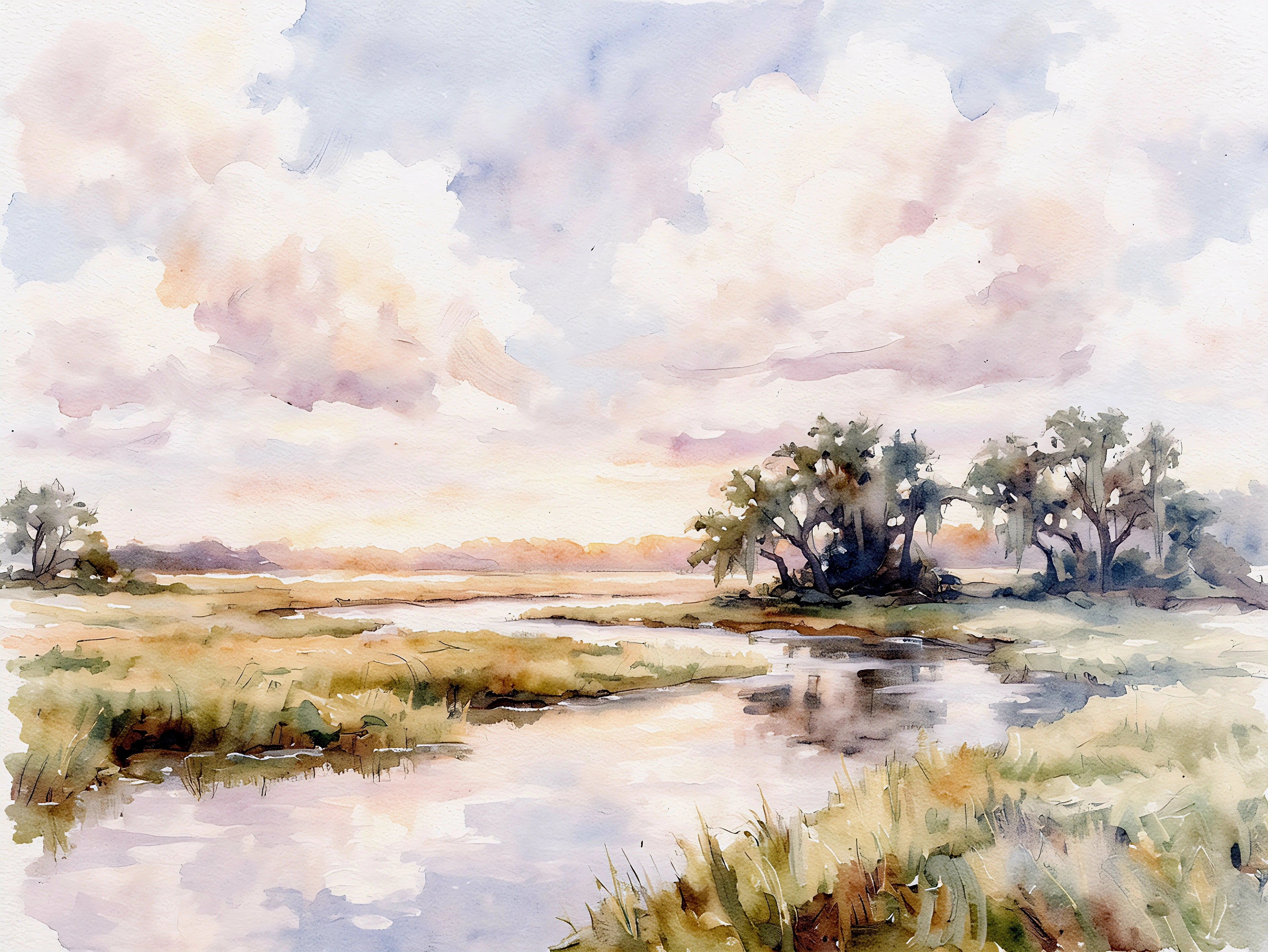 Watercolor landscape of a field with trees and a river, under a cloudy sky.