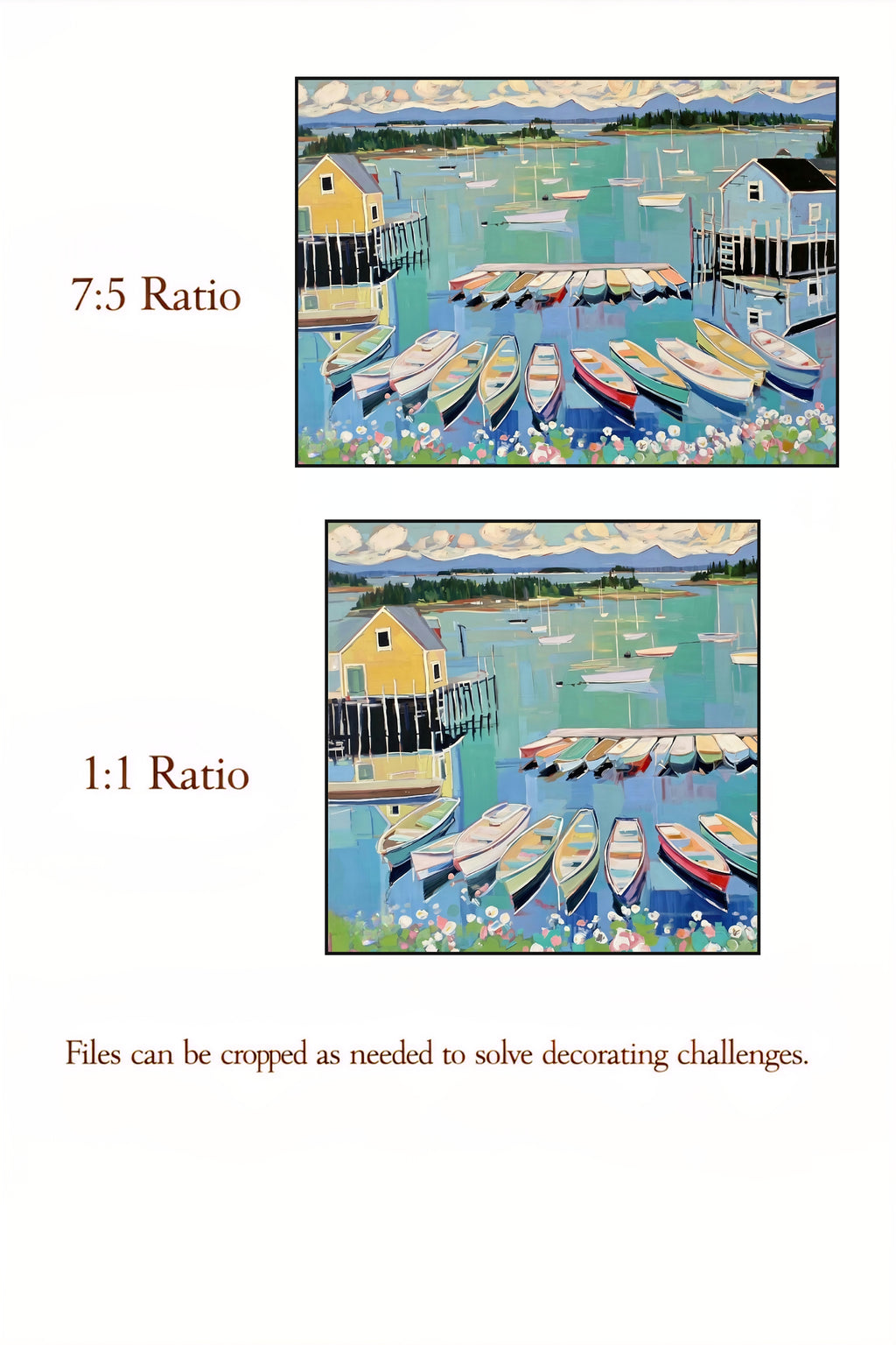 Two illustrations of a harbor scene with boats, one in 7:5 ratio and the other in 1:1 ratio.