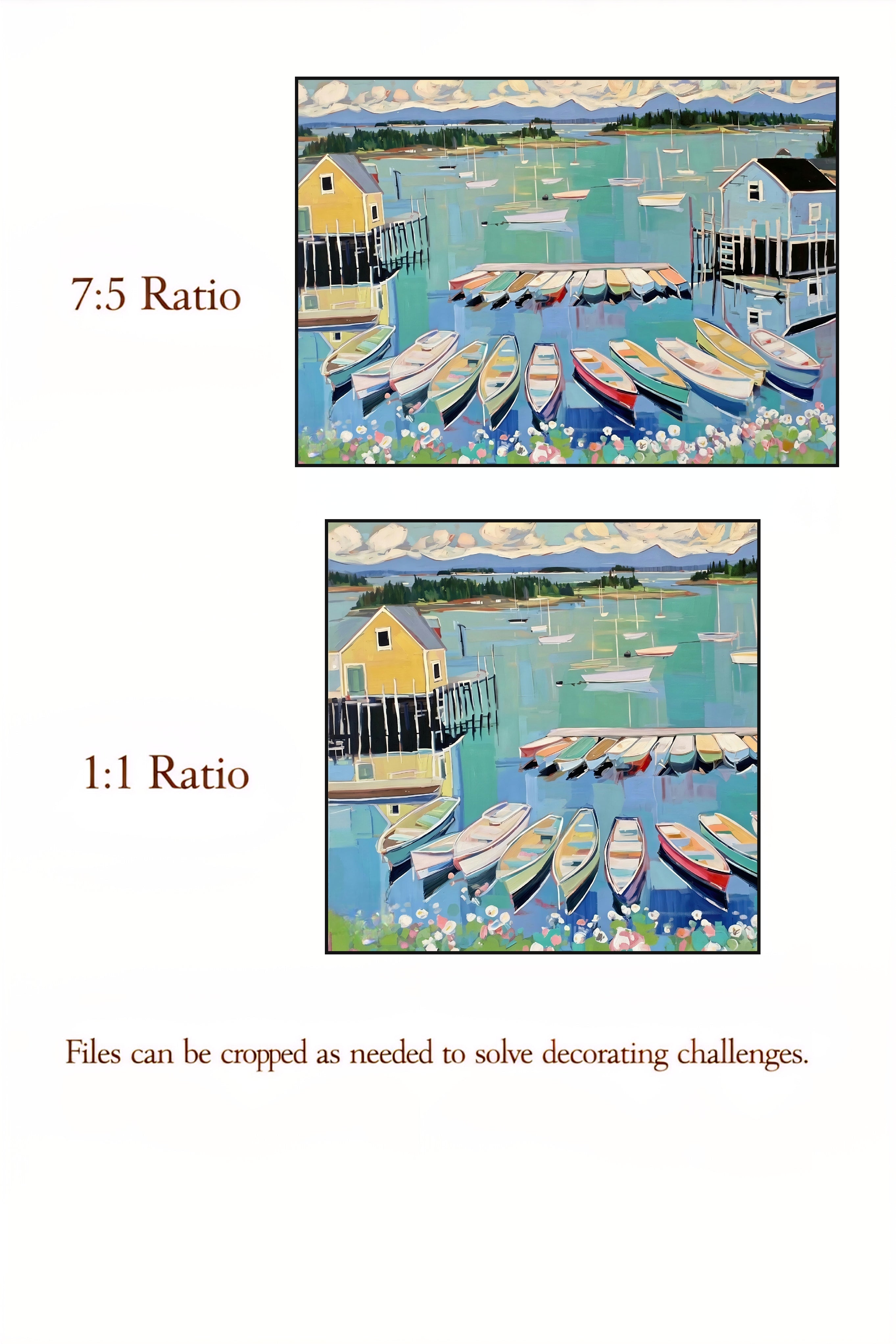 Two illustrations of a harbor scene with boats, one in 7:5 ratio and the other in 1:1 ratio.