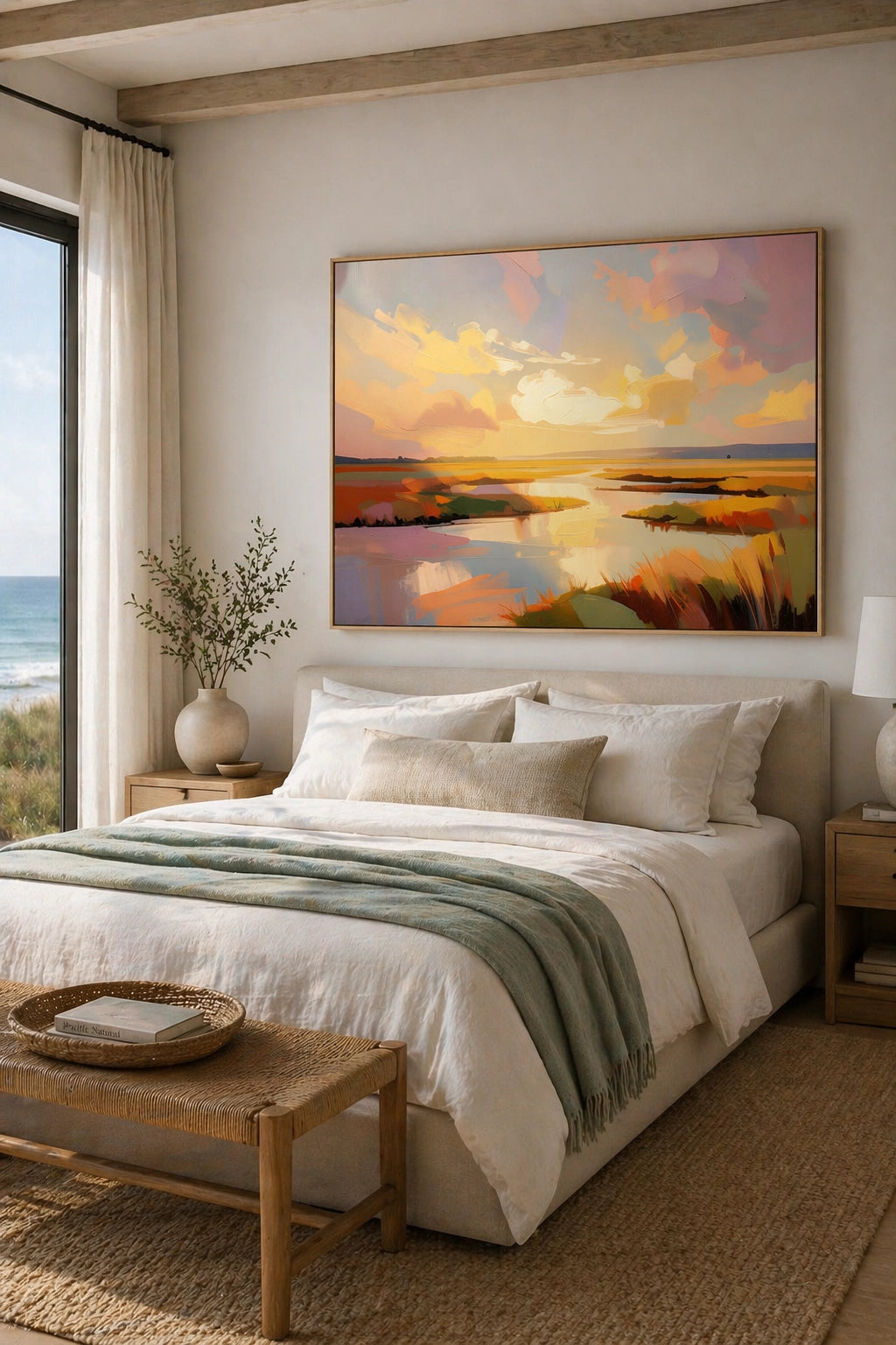 Savvy Places oversized low country marsh wall art in serene coastal bedroom with neutral bedding, ocean view, and warm sunset landscape focal point