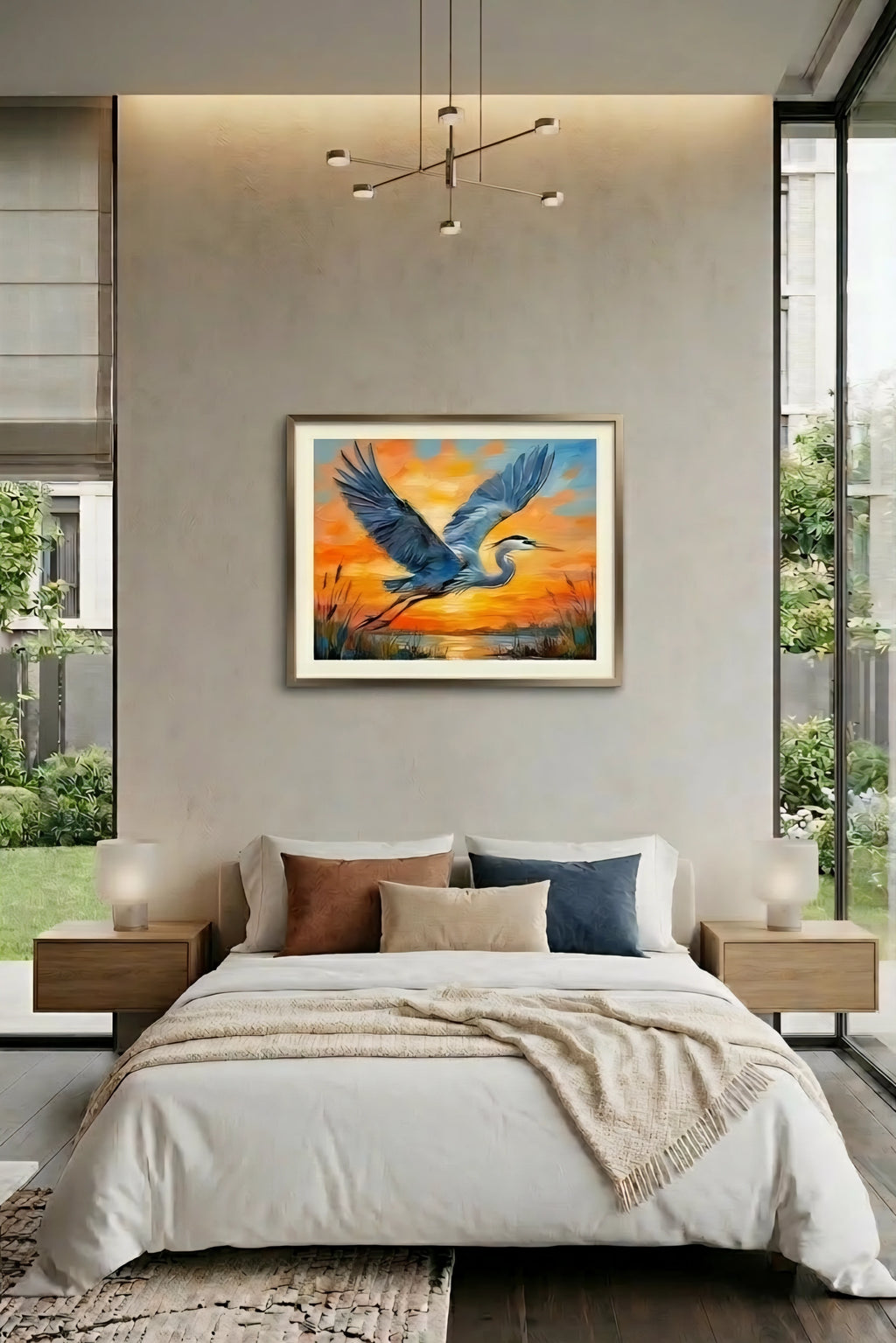 Blue Heron Sunset Wall Art Printable – Coastal Marsh Bird Artwork Digital Download – Orange Sky Landscape Print