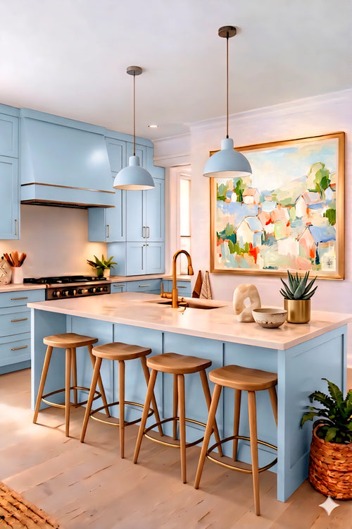 Savvy Places abstract coastal village painting in soft pastel tones displayed in a light wood frame in a bright modern kitchen with blue cabinetry, white countertops, wood stools, and warm coastal-inspired styling.