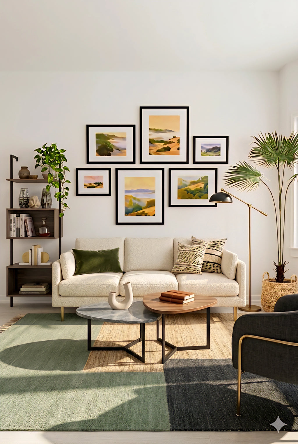 Neutral landscape gallery wall set of 7 printable art prints in warm earthy tones arranged above a sofa, modern living room wall decor bundle with black frames and layout guide for an easy designer look