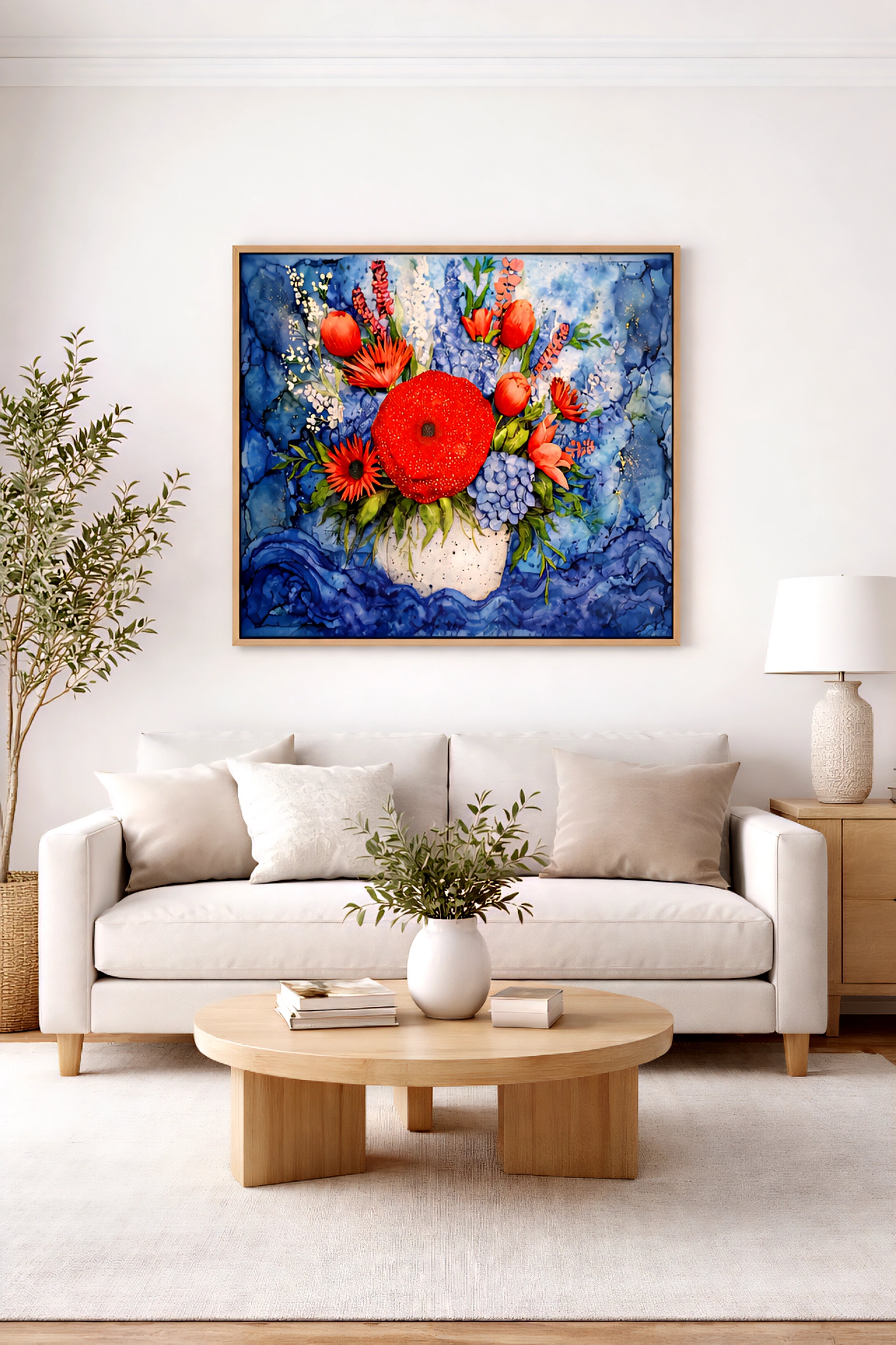 Colorful floral wall art digital download, bold red flower bouquet painting in upscale neutral living room, square printable artwork in 3 orientations