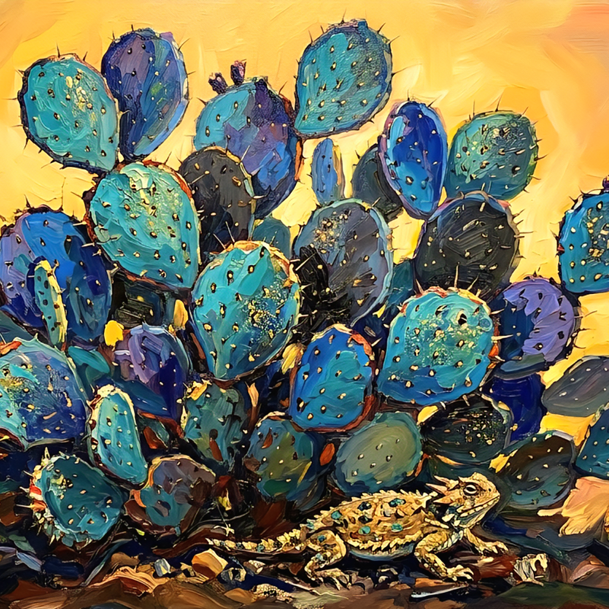 Blue cactus wall art close-up, vibrant prickly pear desert painting with teal and navy tones, textured modern Southwestern artwork with warm golden background and detailed brushstrokes