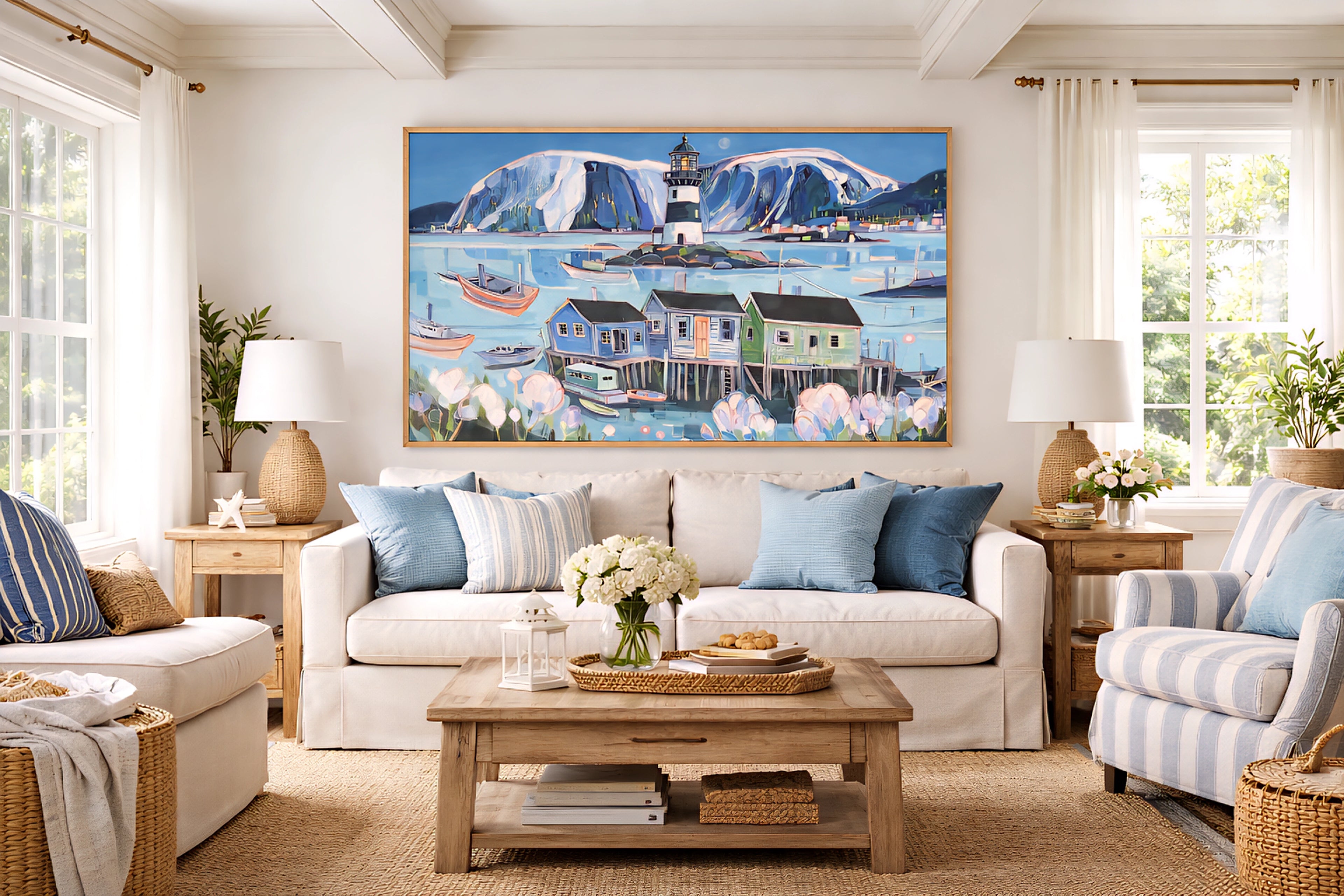 Living room with a large painting of a coastal scene on the wall.