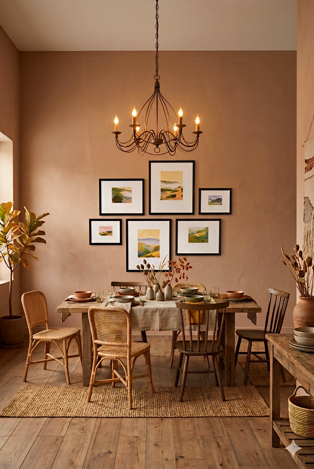 Warm neutral landscape gallery wall set of 7 printable art prints in earthy tones arranged in a dining room, oversized wall decor bundle with black frames and layout guide for an easy designer look